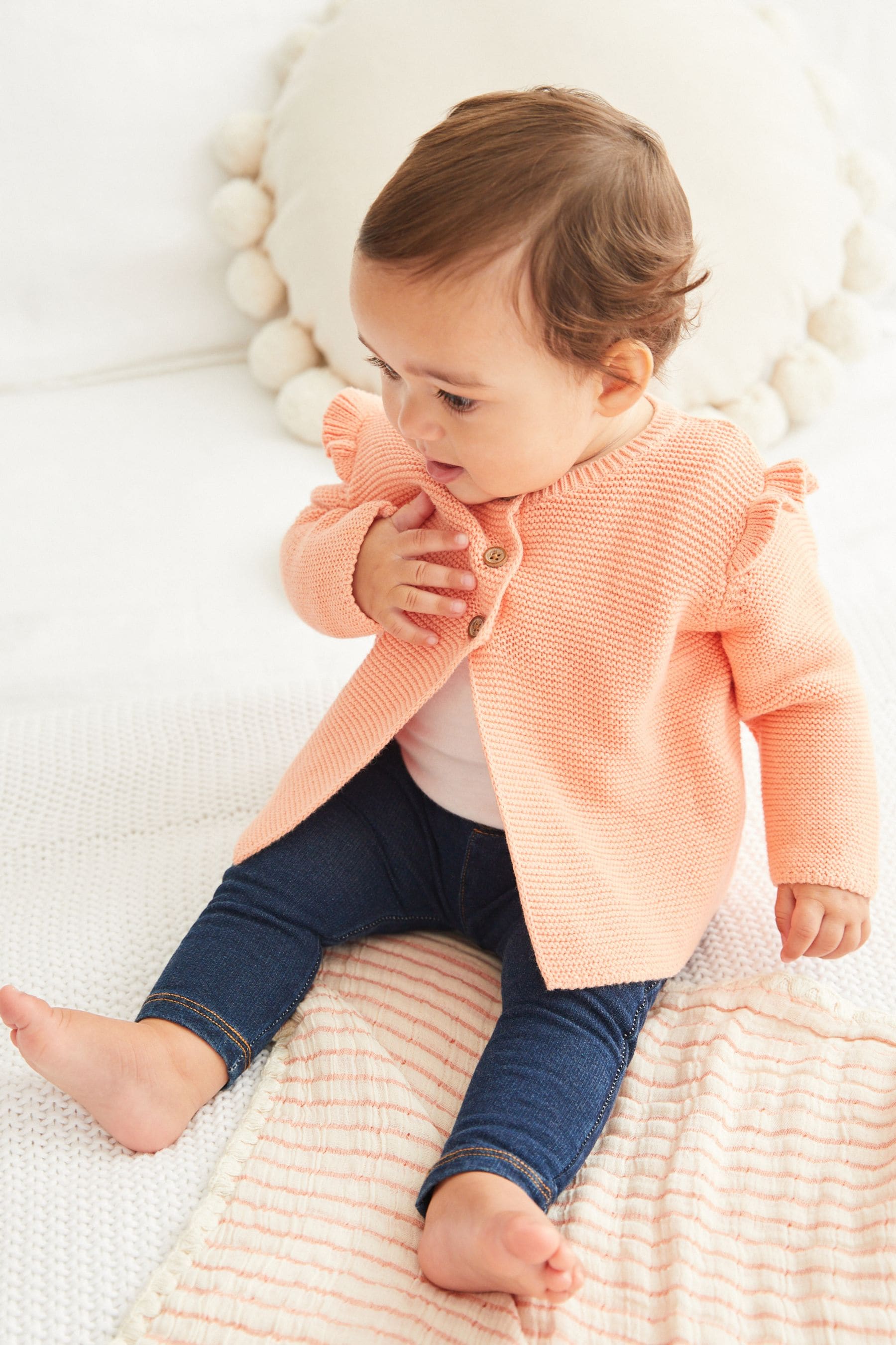 Peach Pink Baby Frill Shoulder Knitted Cardigan (0mths-2yrs)