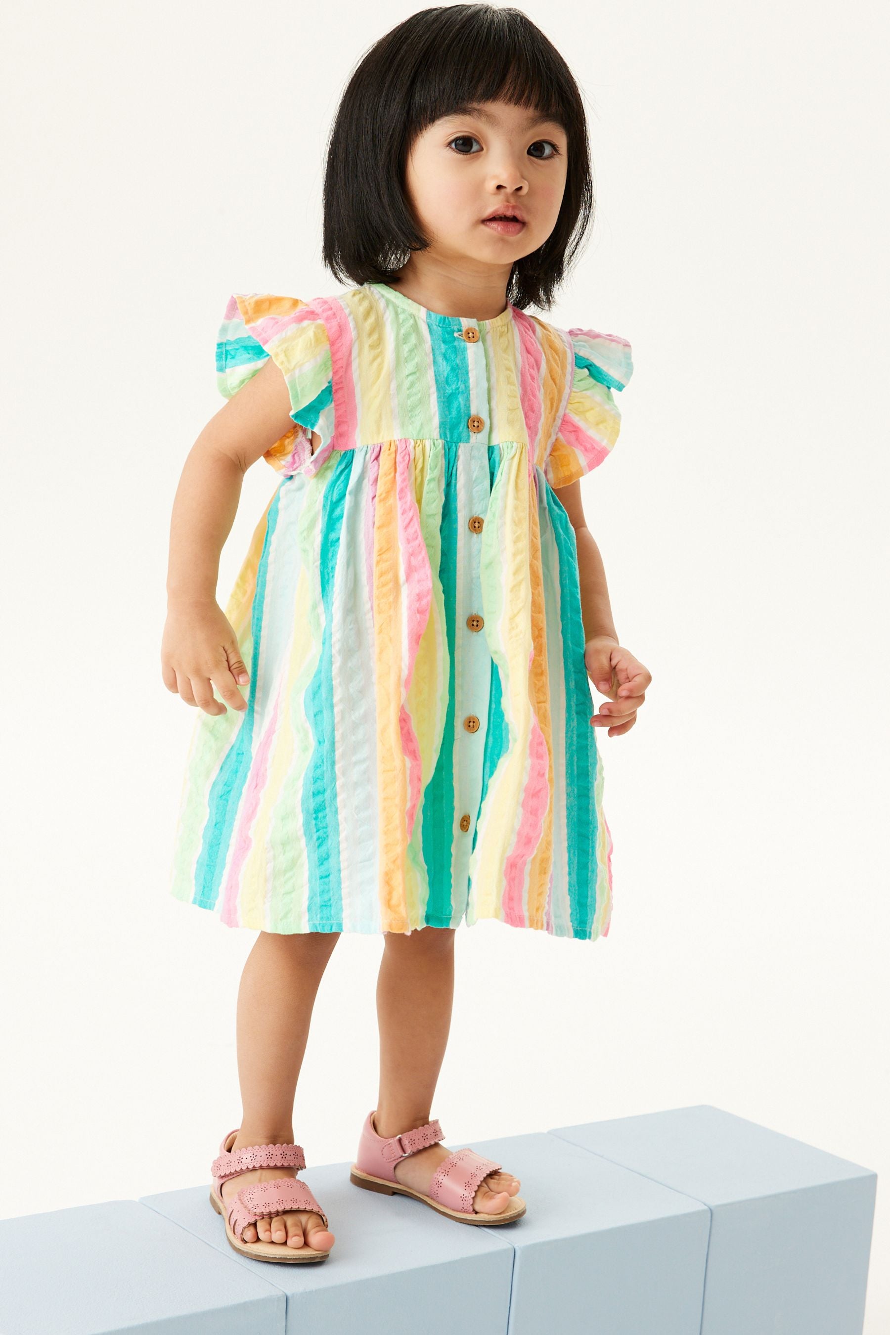 Rainbow Stripe Frill Sleeve Cotton Dress (3mths-8yrs)