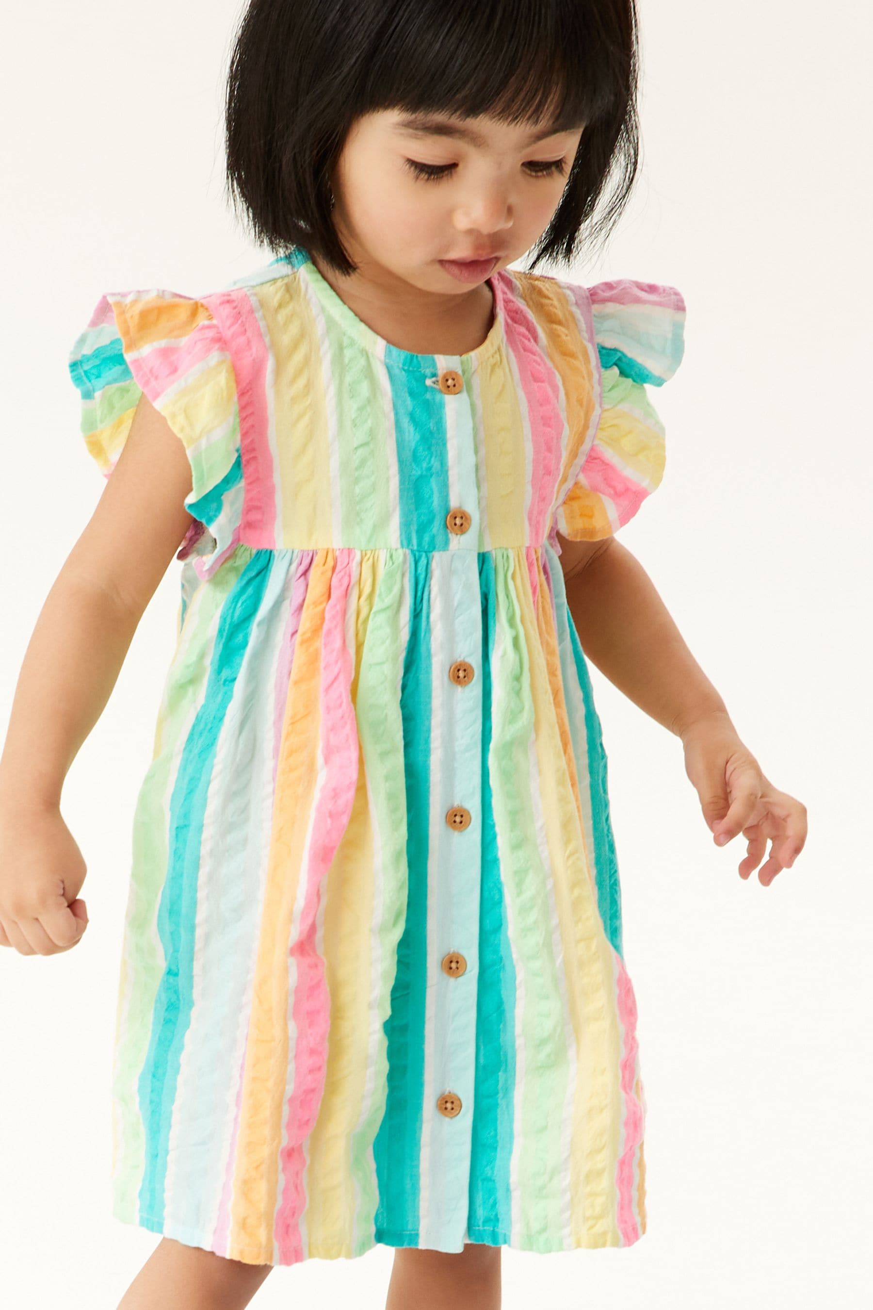 Rainbow Stripe Frill Sleeve Cotton Dress (3mths-8yrs)