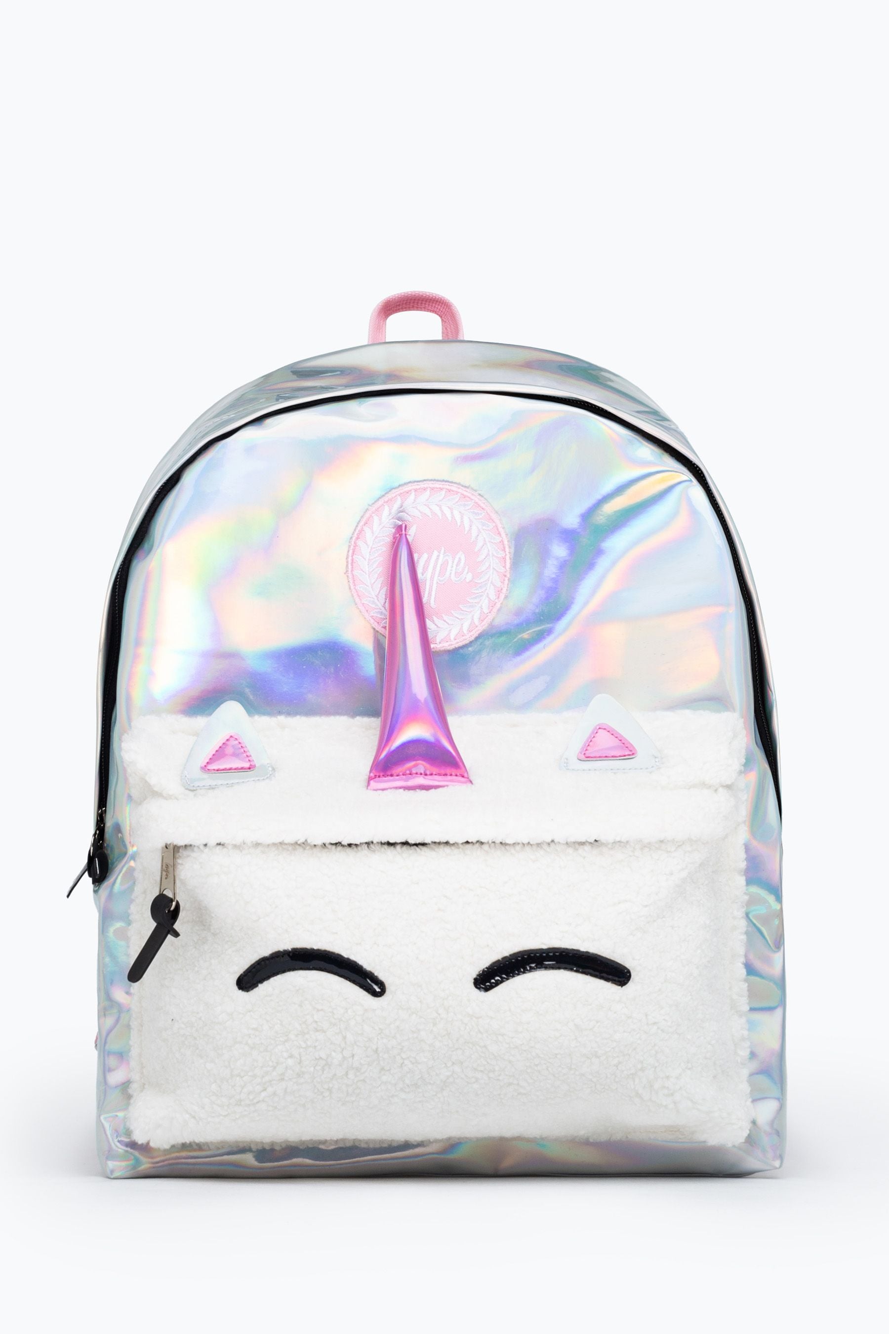 Silver Hype. Unisex Silver Holographic Unicorn Crest Backpack