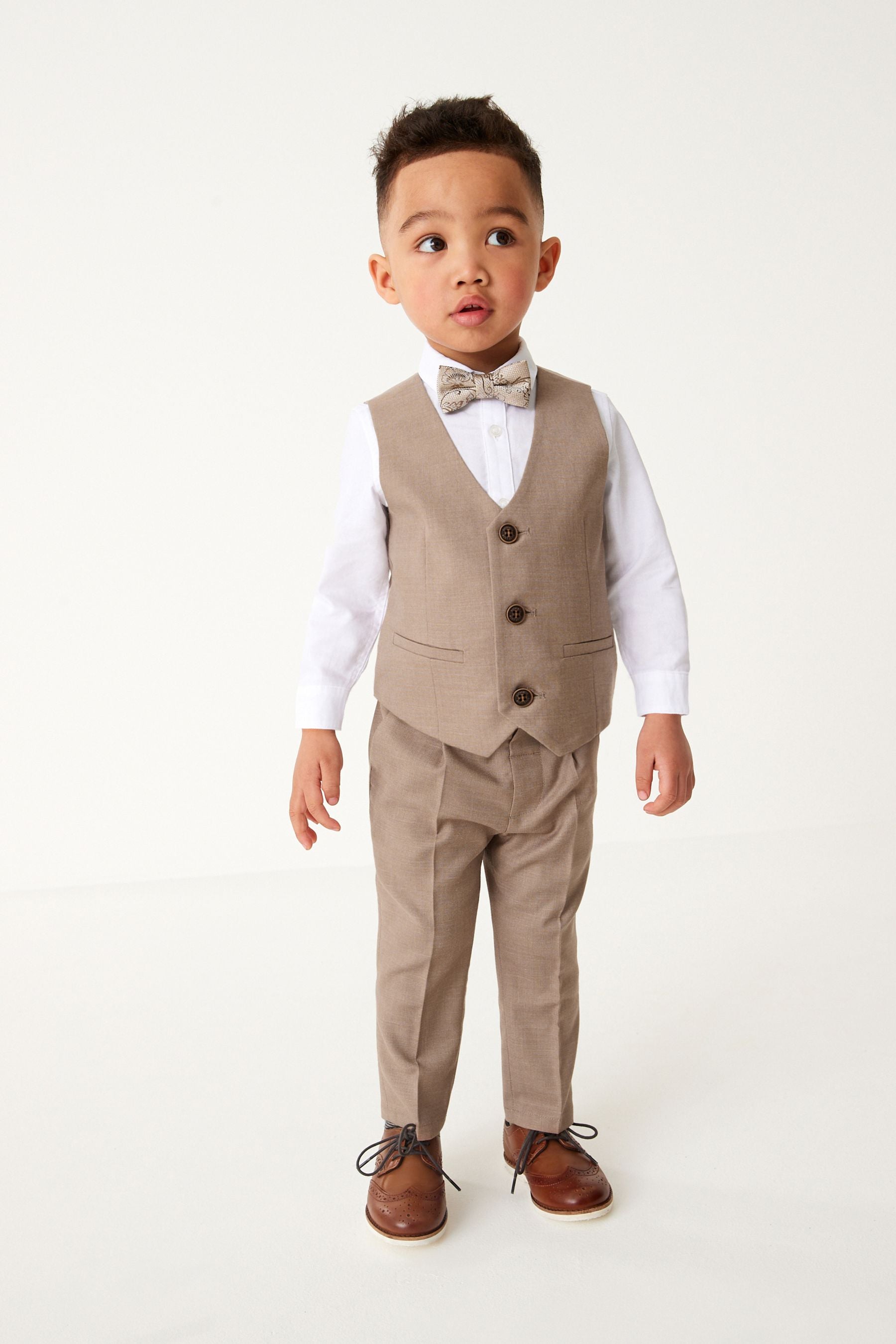 Stone 4pc Waistcoat, Shirt, Trouser & Bow Tie Set (3mths-9yrs)