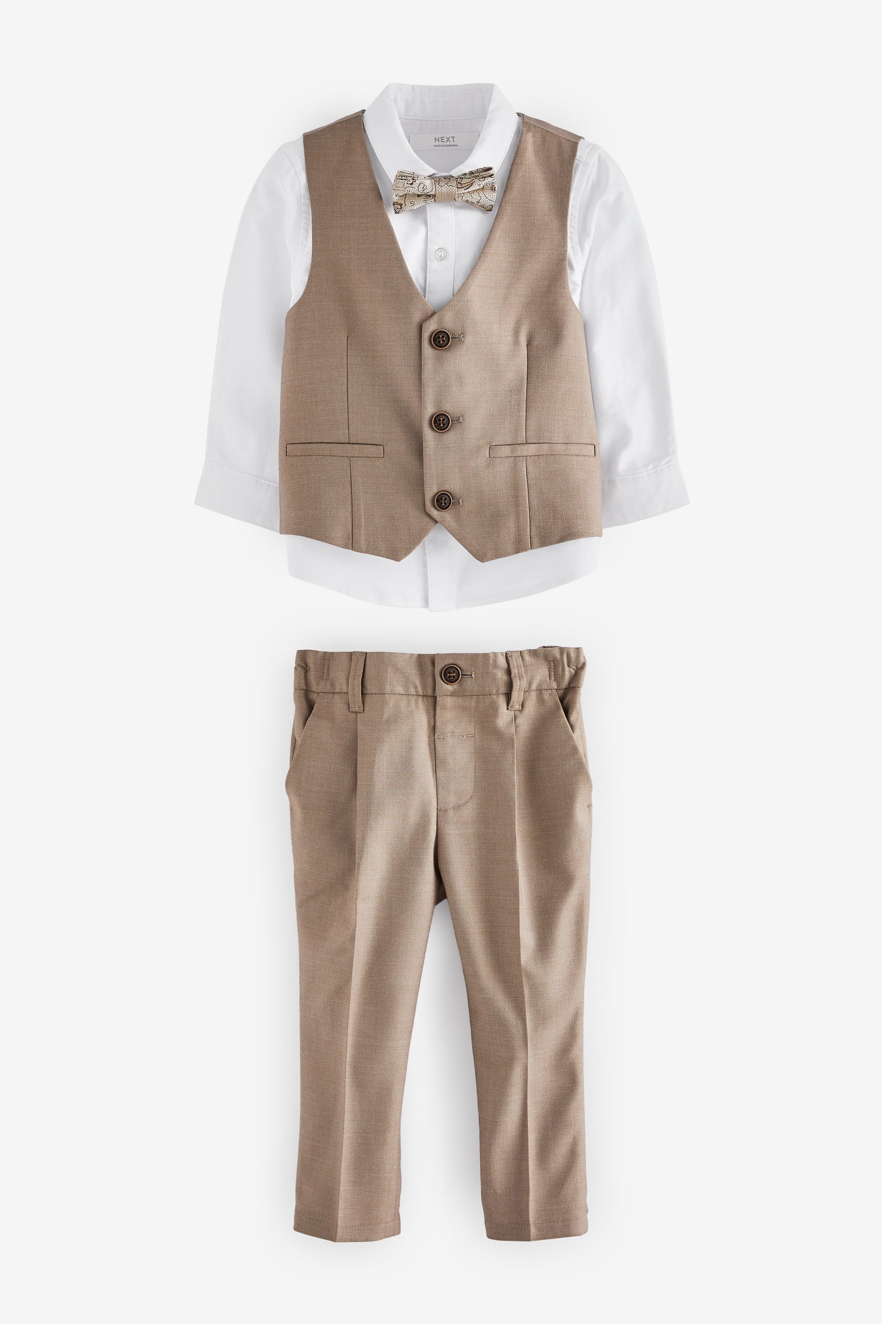 Stone 4pc Waistcoat, Shirt, Trouser & Bow Tie Set (3mths-9yrs)