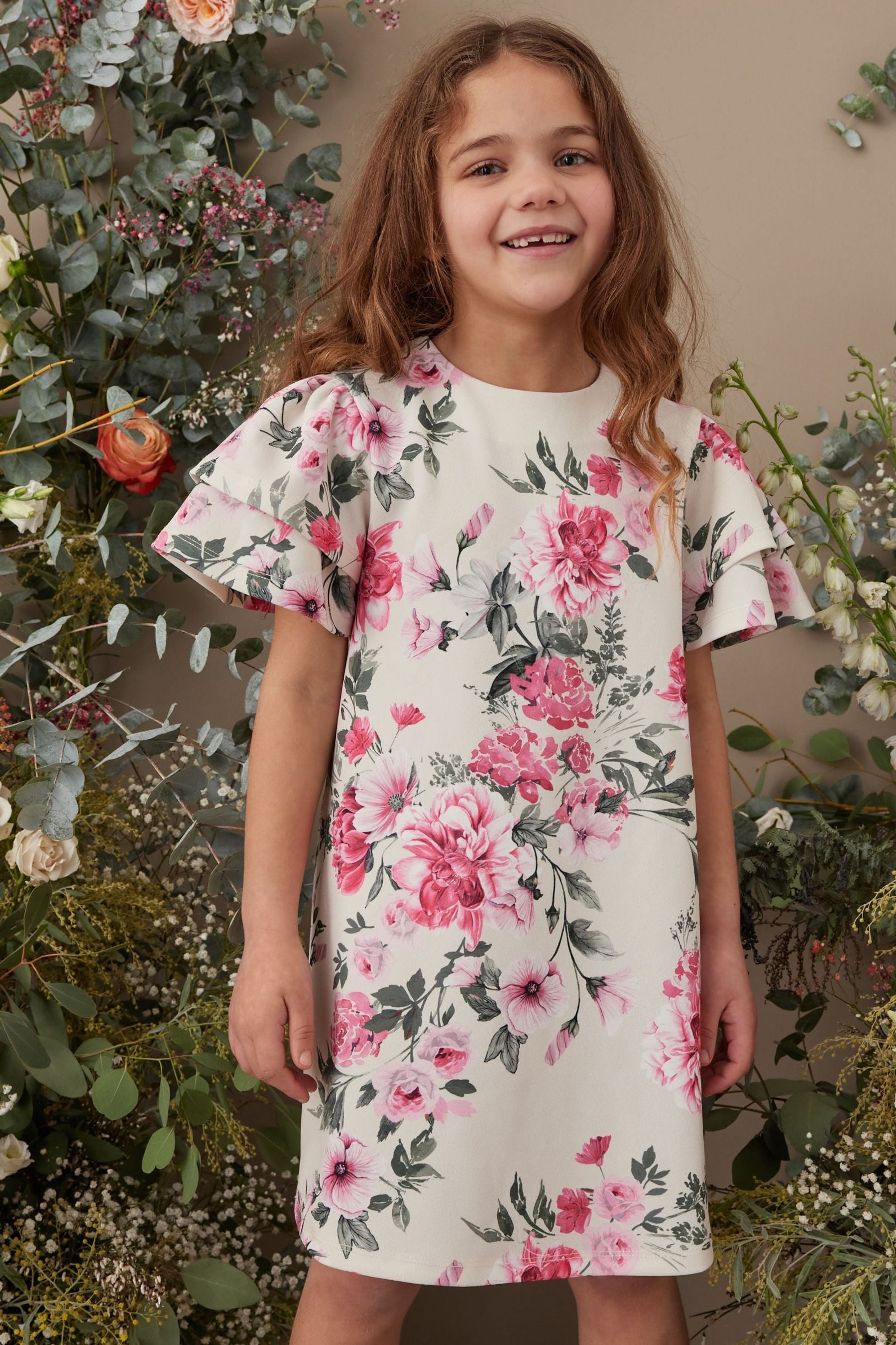 Ivory White/Pink Floral Scuba Occasion Dress (1.5-16yrs)