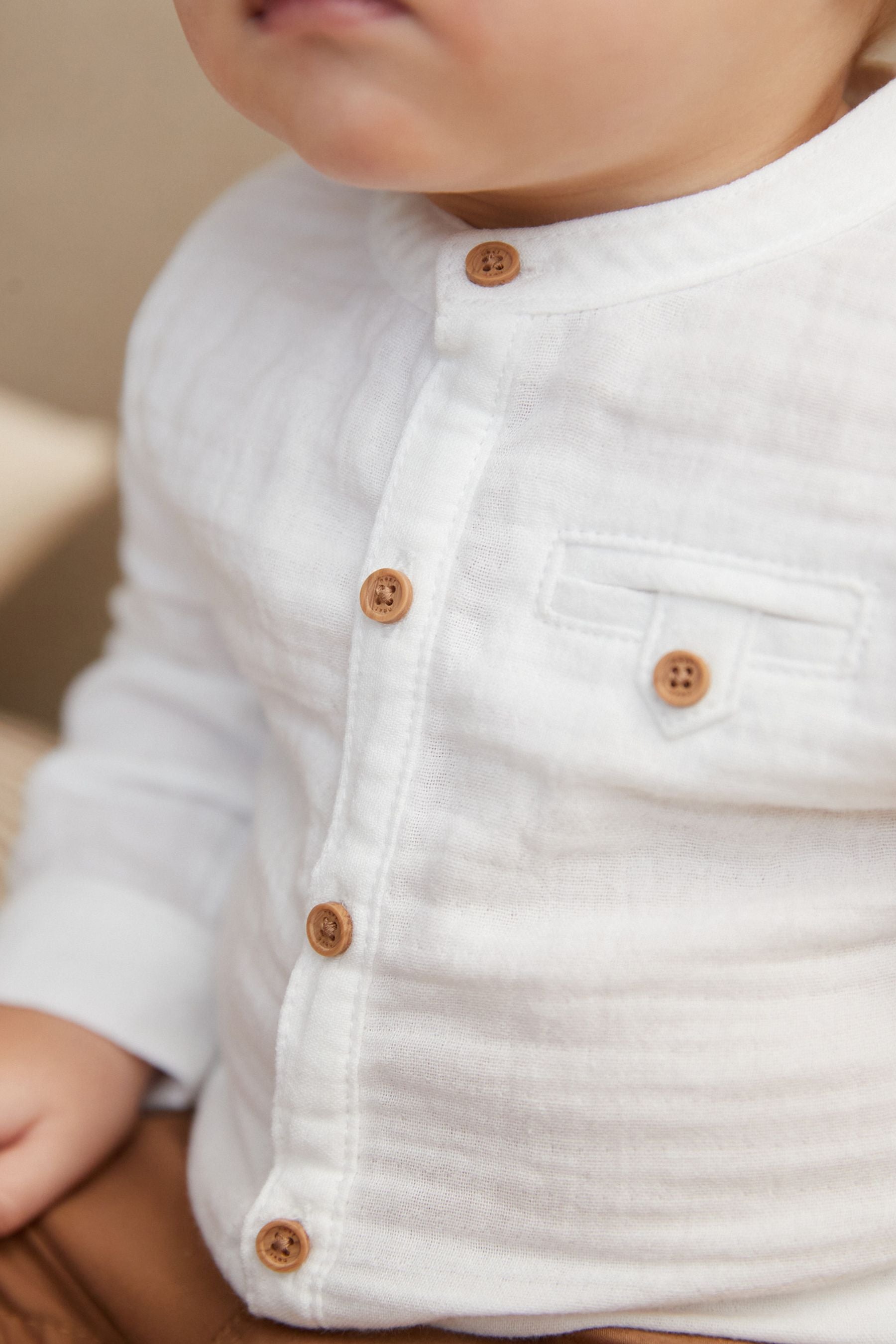 White Grandad Collar Shirt Baby Bodysuit