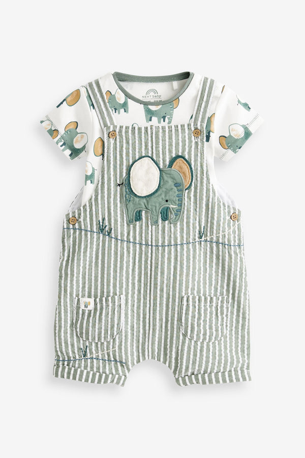 Green Stripe Elephant Woven Baby Dungarees and Bodysuit Set (0mths-2yrs)