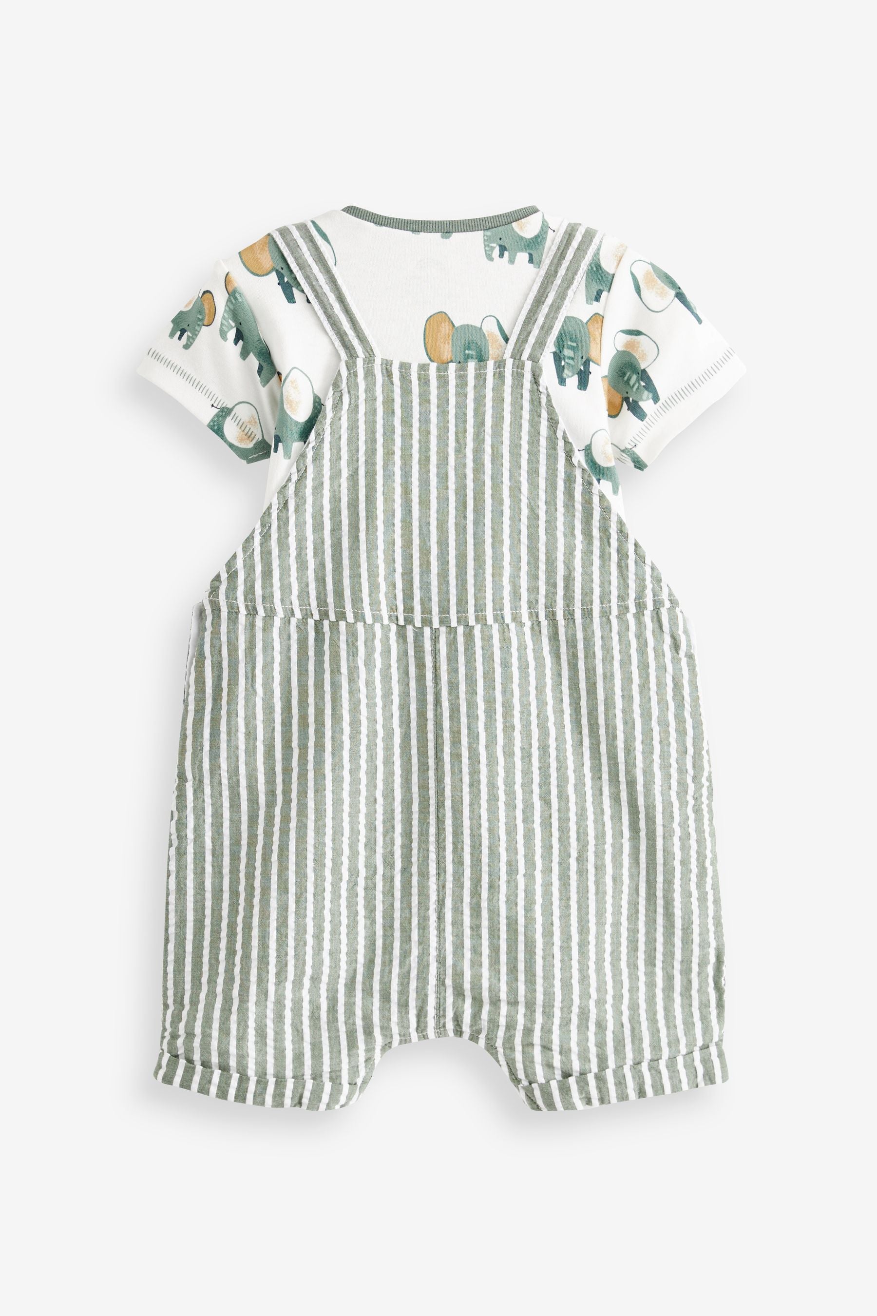 Green Stripe Elephant Woven Baby Dungarees and Bodysuit Set (0mths-2yrs)