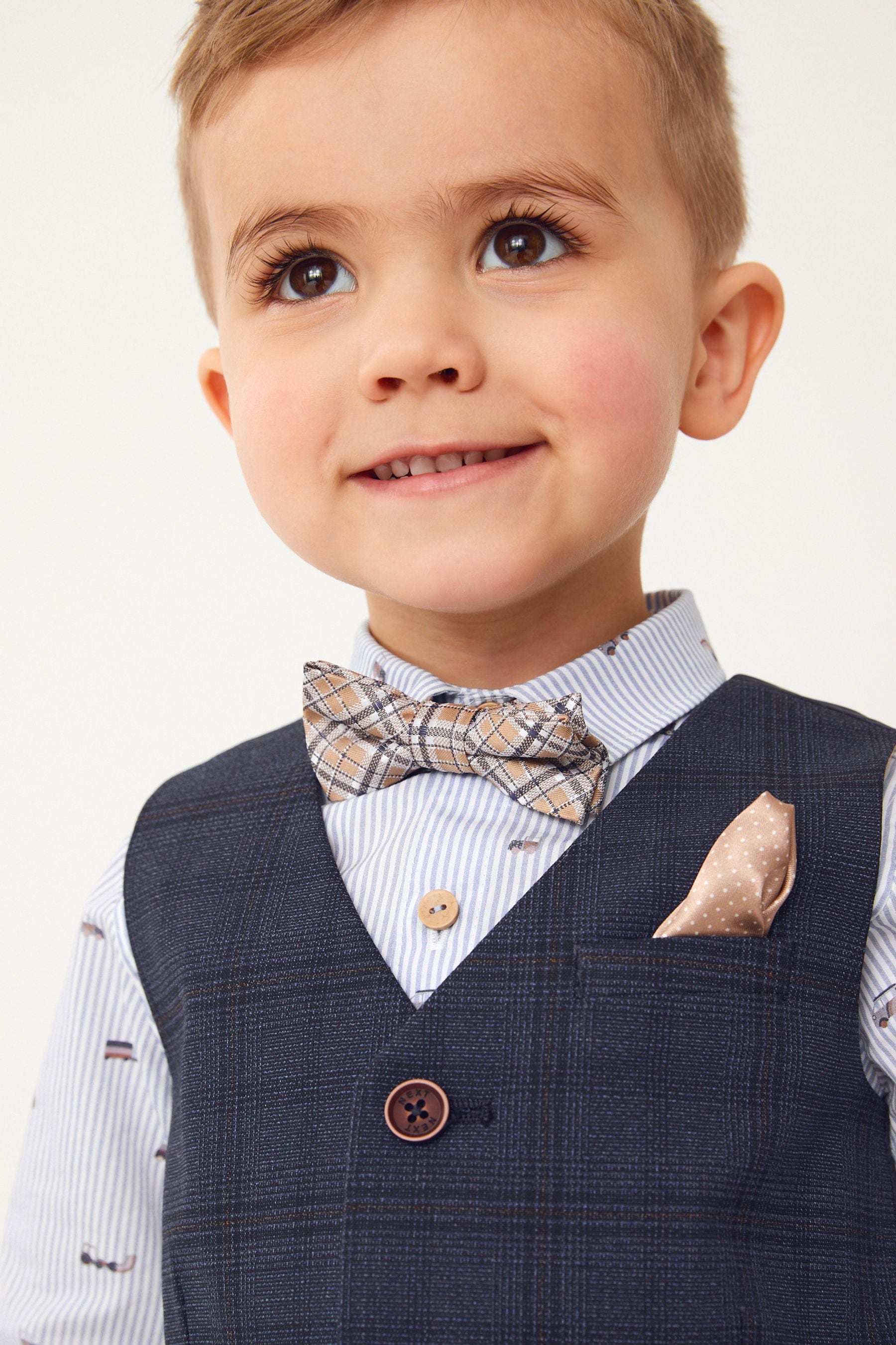 Navy Blue Check Waistcoat Set With Shirt And Bow Tie (3mths-7yrs)