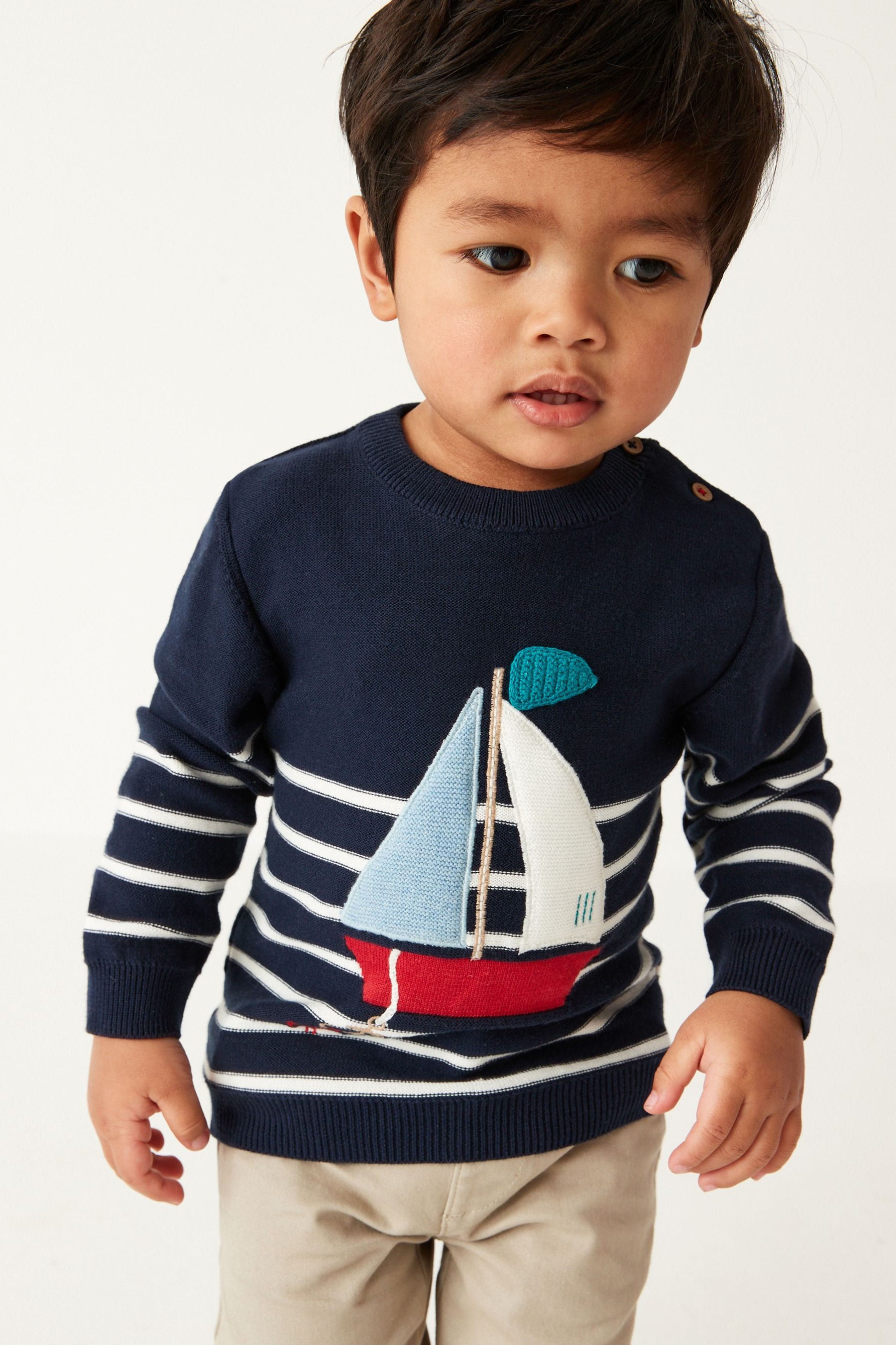 Navy Knitted Stripe Boat Jumper (3mths-7yrs)