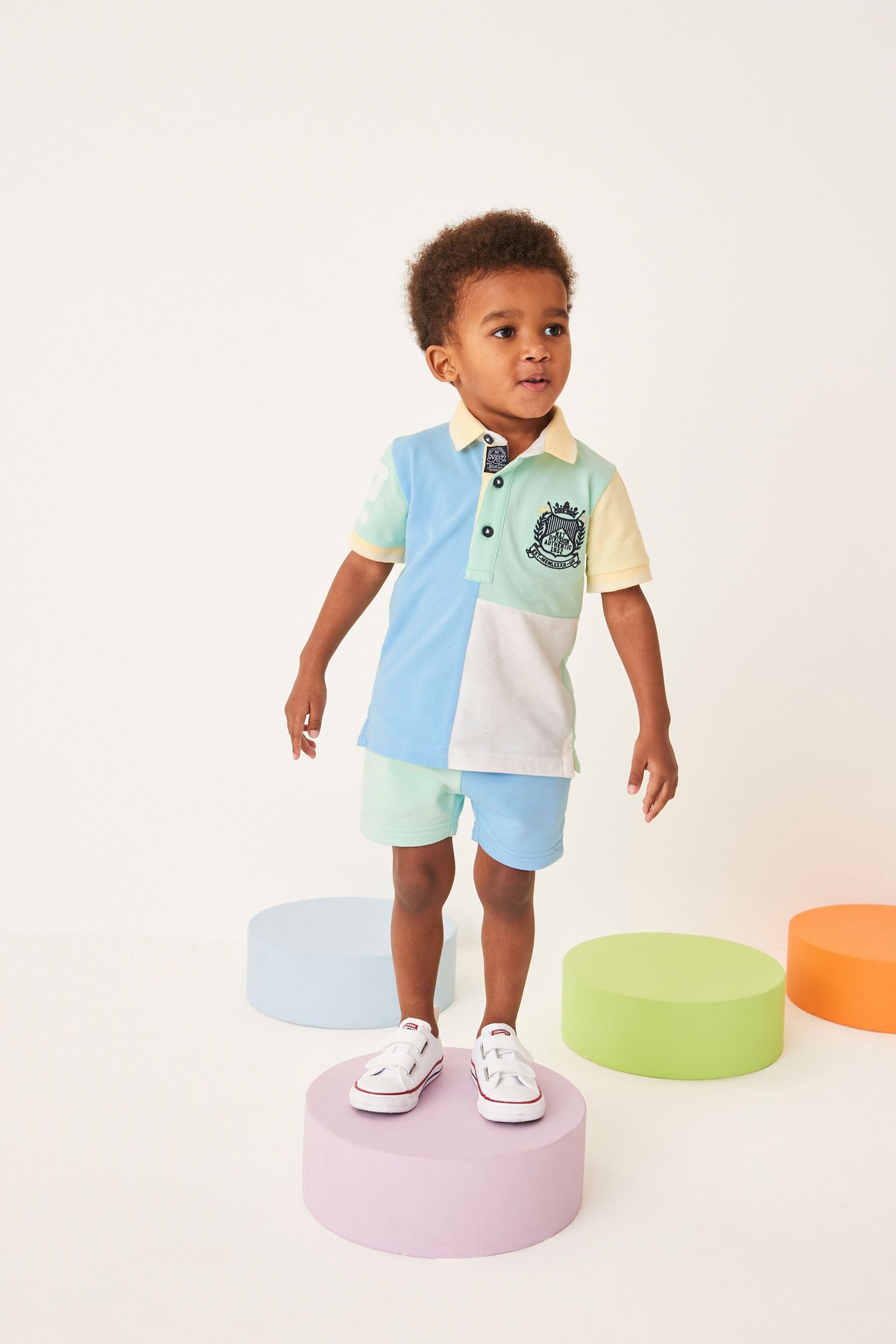 Blue/Yellow Short Sleeve Colourblock Pique Jersey Polo Shirt And Shorts Set (3mths-7yrs)