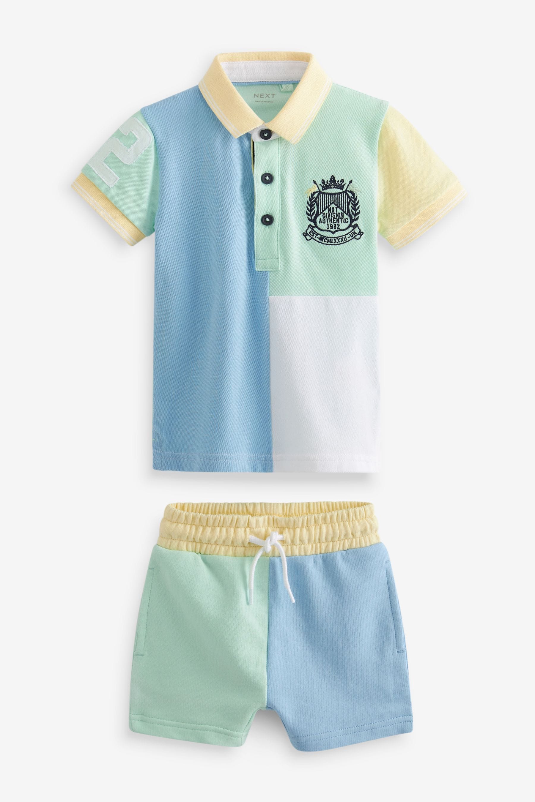 Blue/Yellow Short Sleeve Colourblock Pique Jersey Polo Shirt And Shorts Set (3mths-7yrs)