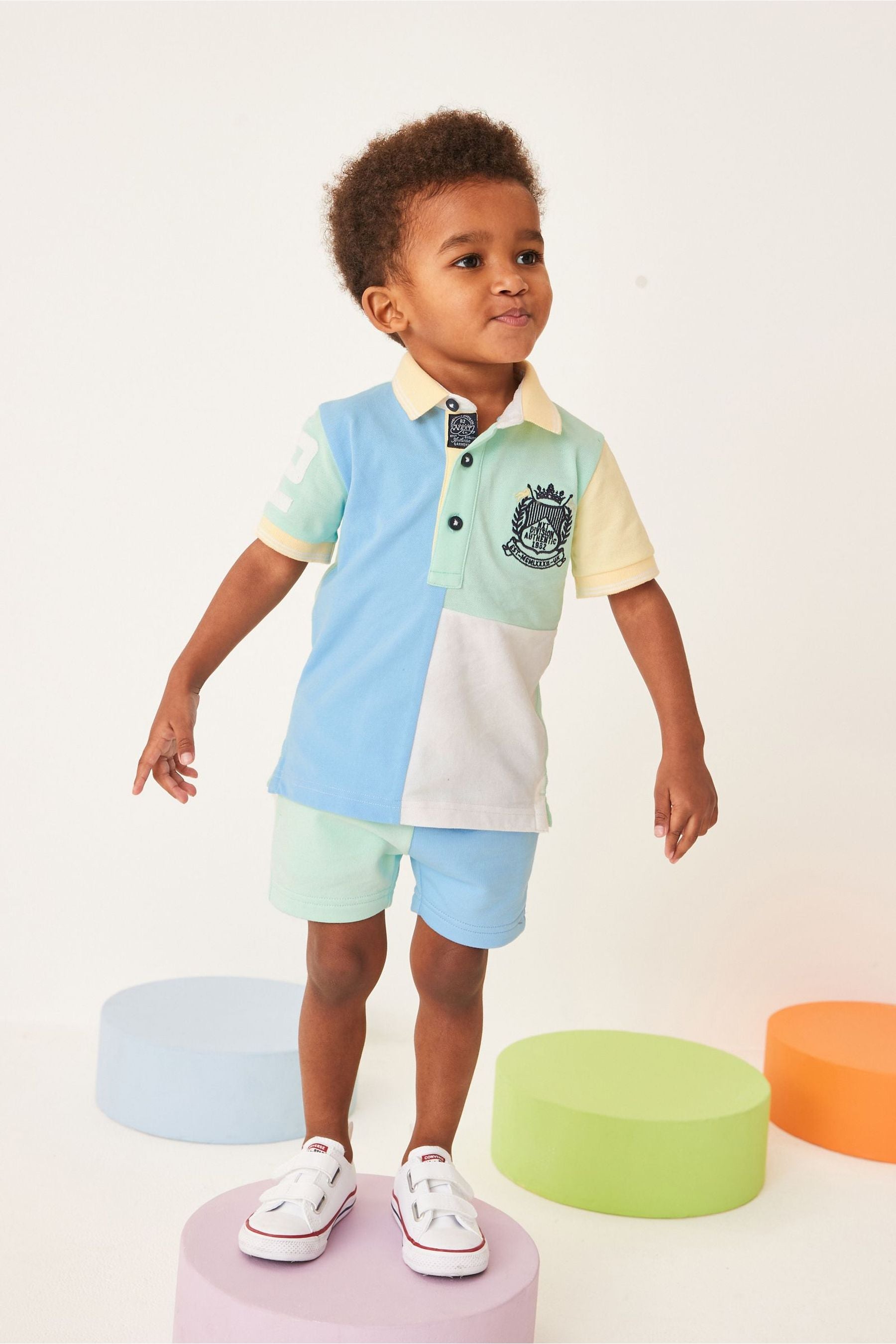 Blue/Yellow Short Sleeve Colourblock Pique Jersey Polo Shirt And Shorts Set (3mths-7yrs)