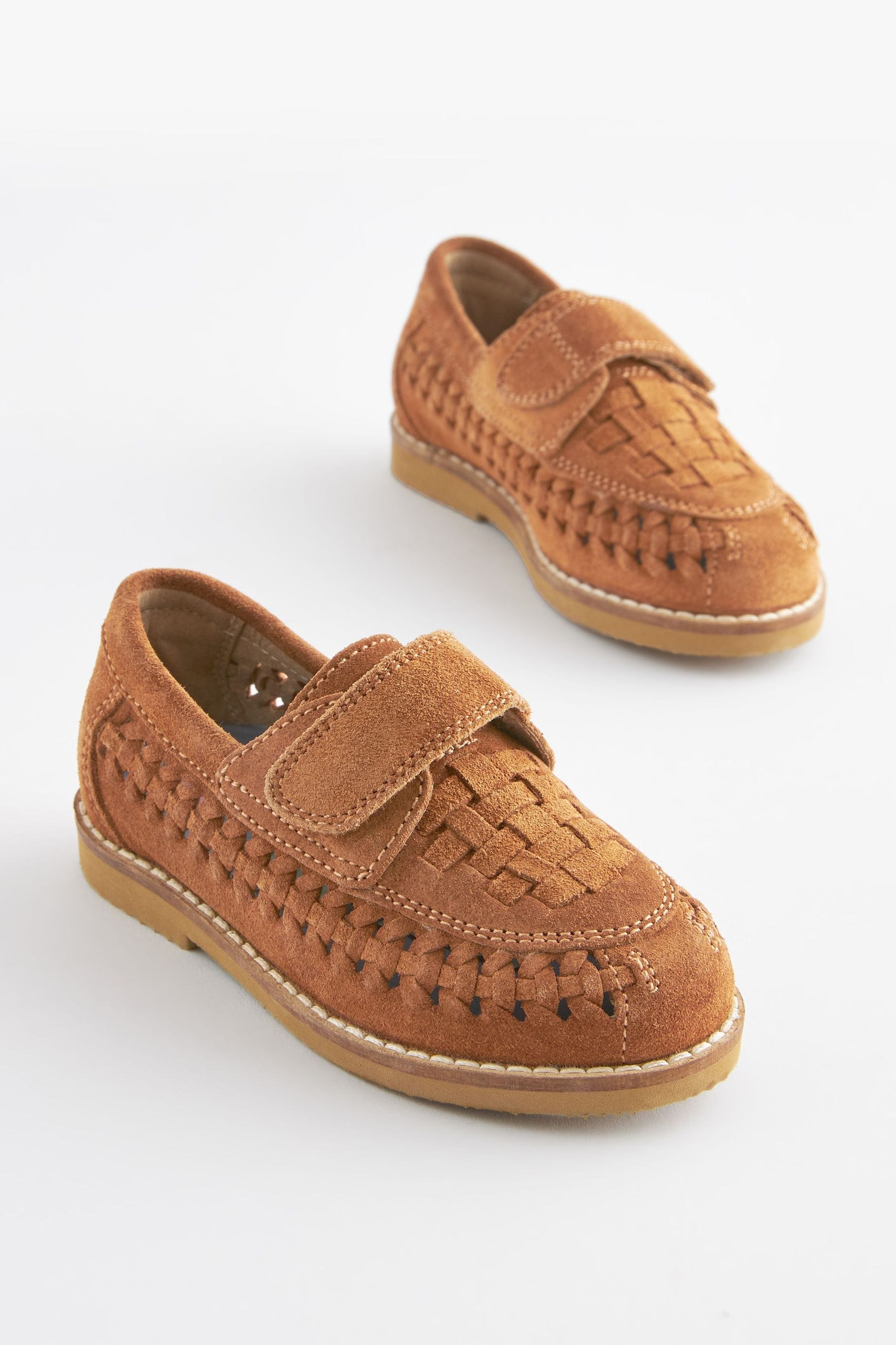 Tan Brown Leather Woven Loafers