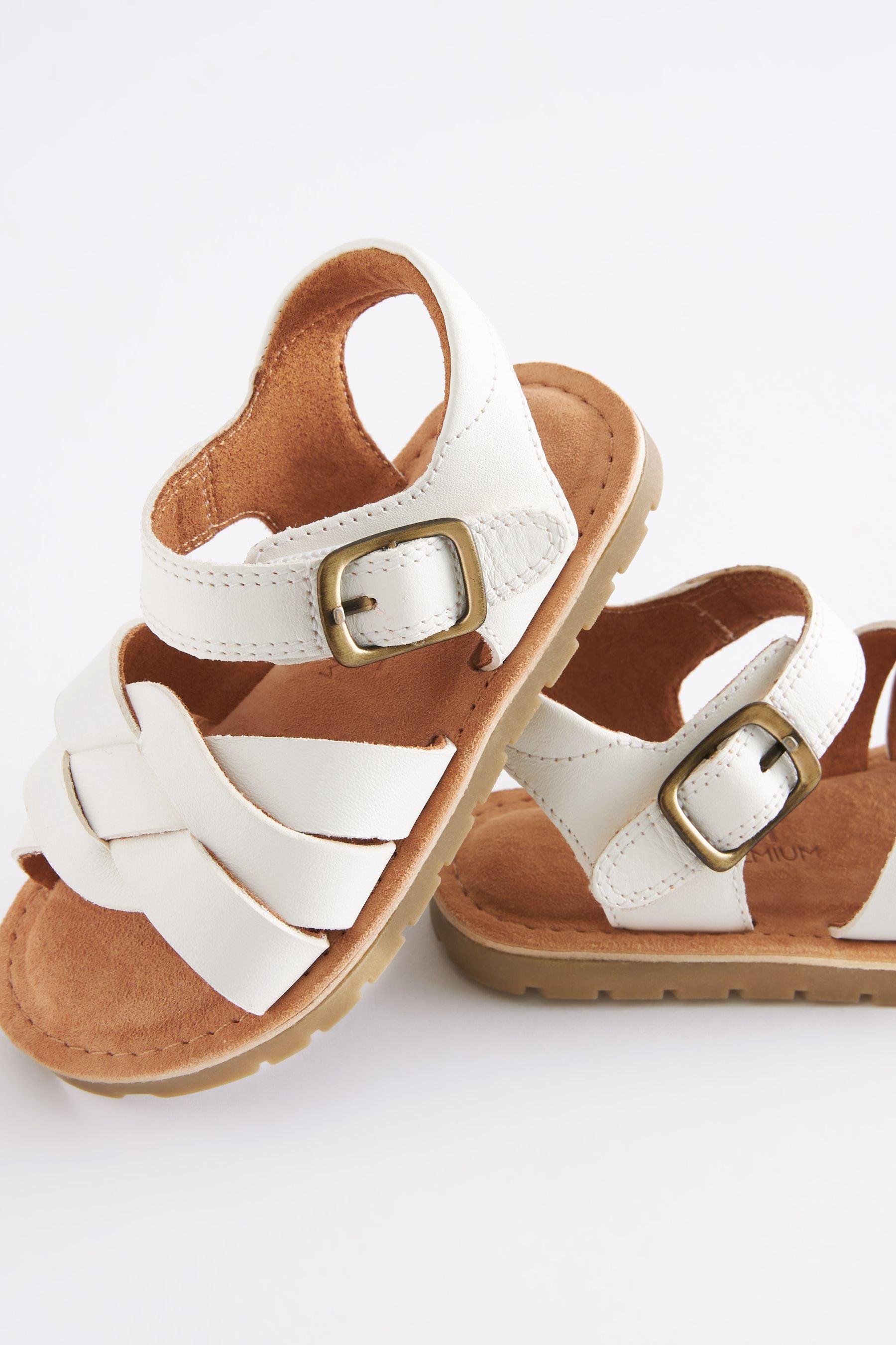 White Leather Leather Woven Ankle Strap Sandals