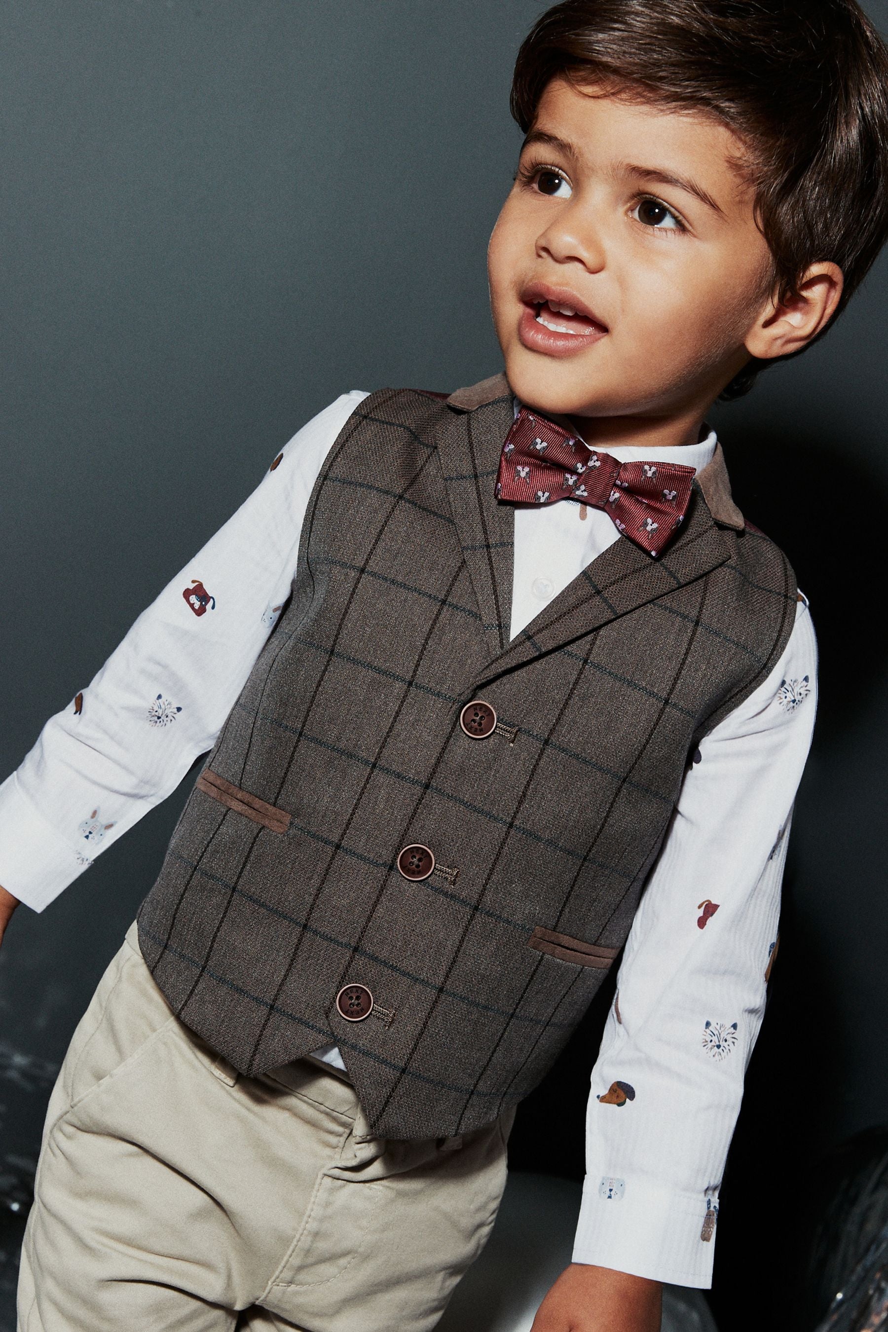 Tan Brown Check Waistcoat, Shirt & Bow Tie Set (3mths-7yrs)