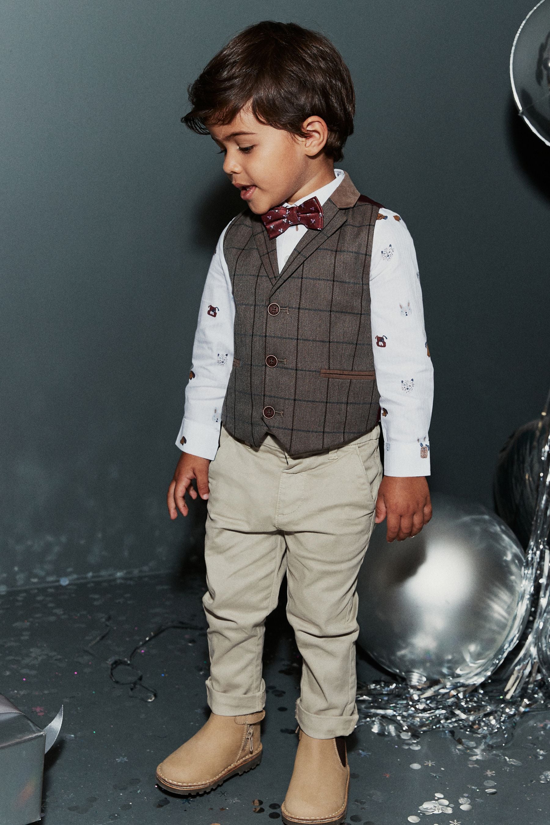 Tan Brown Check Waistcoat, Shirt & Bow Tie Set (3mths-7yrs)