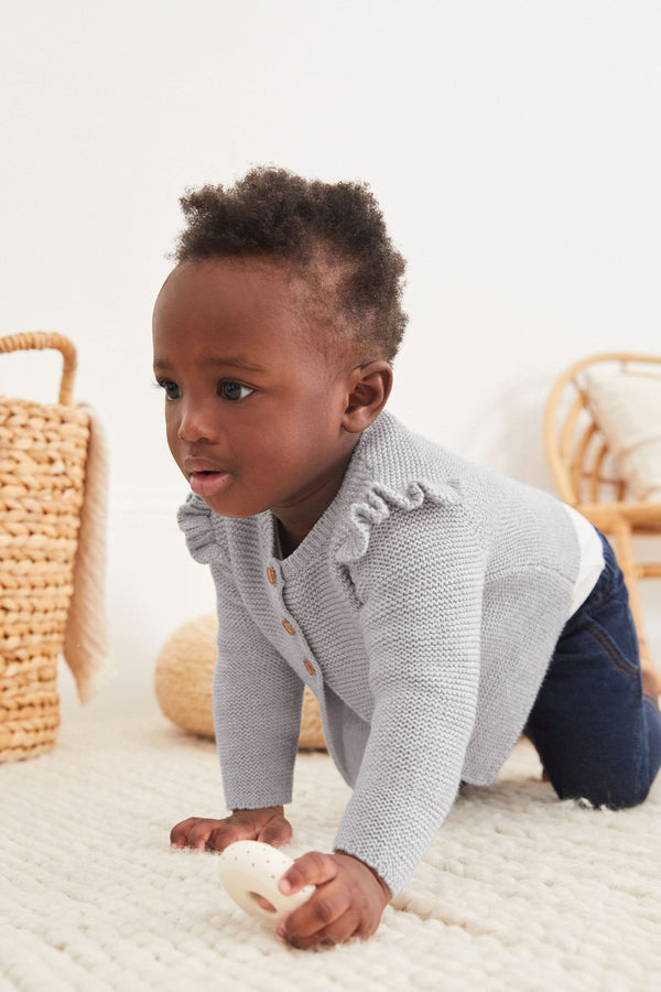 Grey Frill Shoulder Knitted Baby Cardigan (0mths-2yrs)