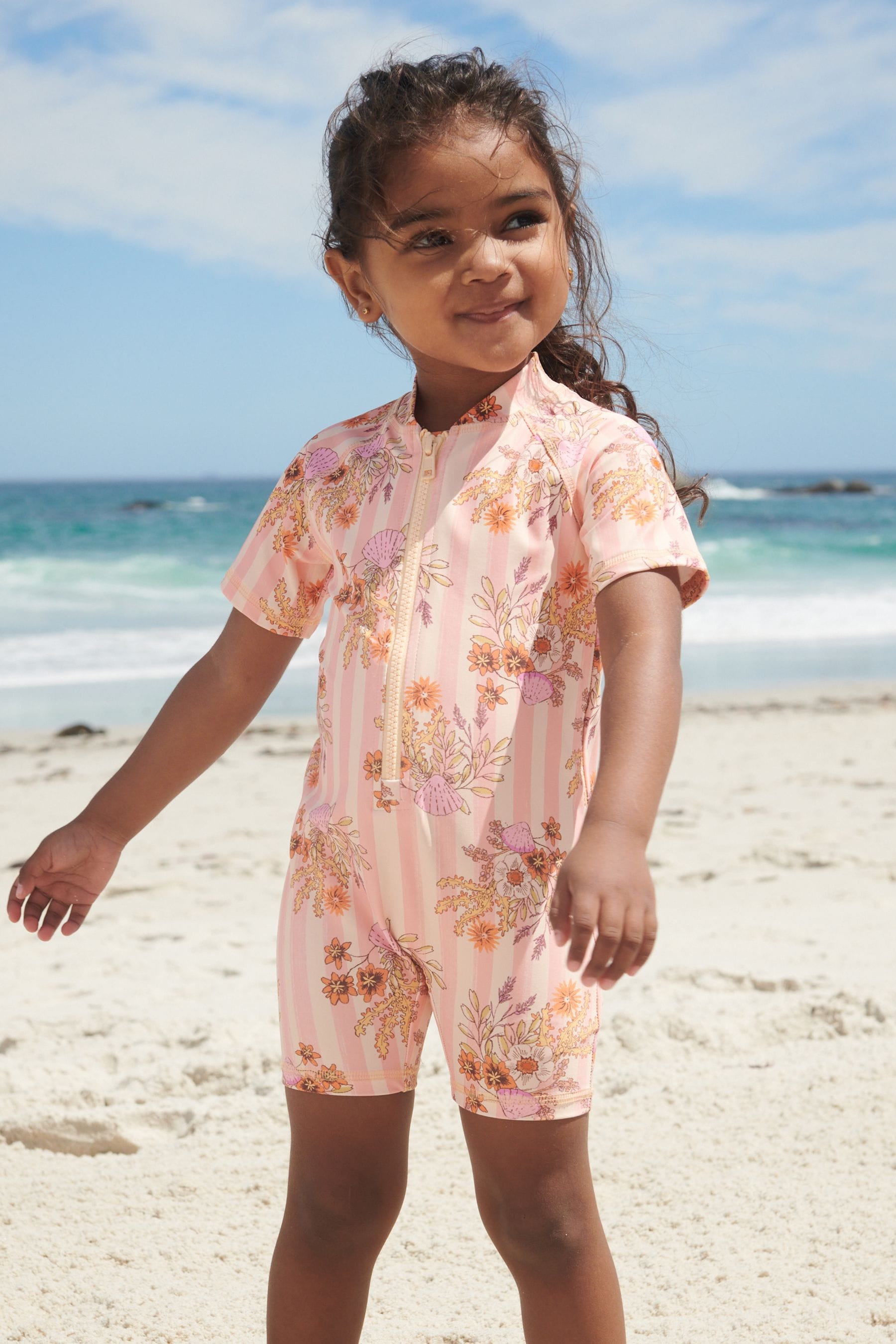 Orange Floral Print Sunsafe Swim Suit (3mths-7yrs)