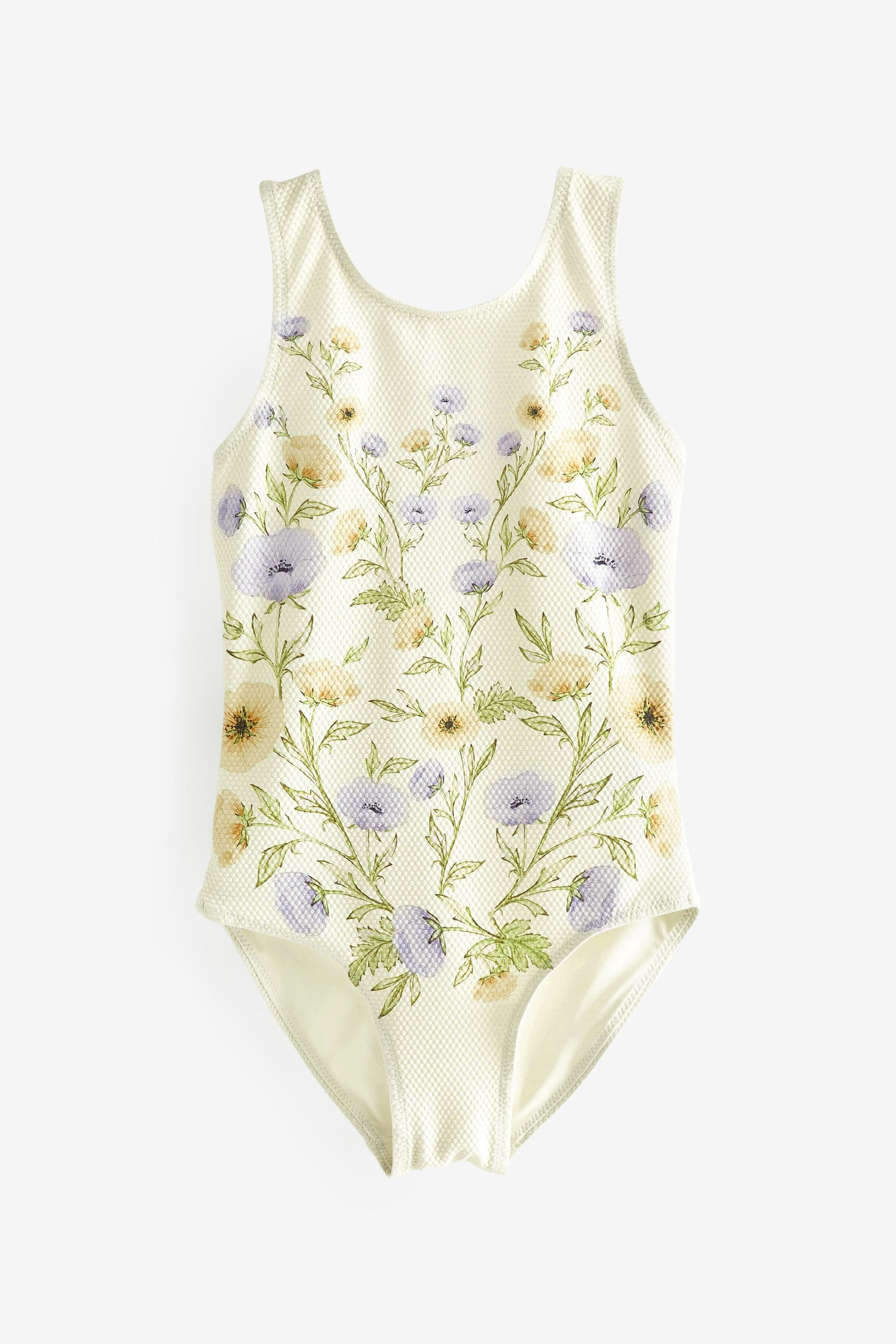 Ecru Floral Print Textured Swimsuit