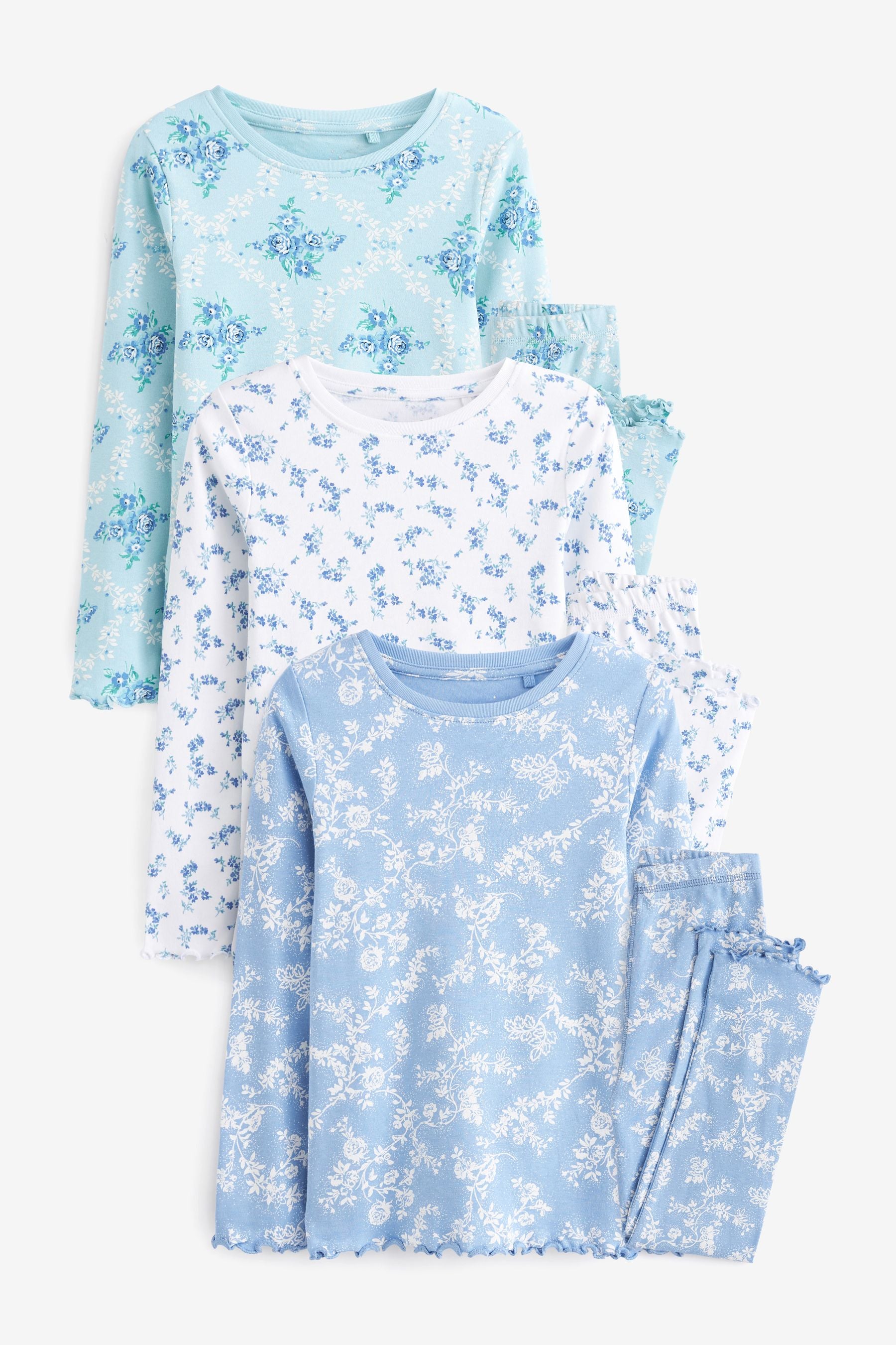 Blue/White Floral Pyjamas 3 Pack (9mths-16yrs)