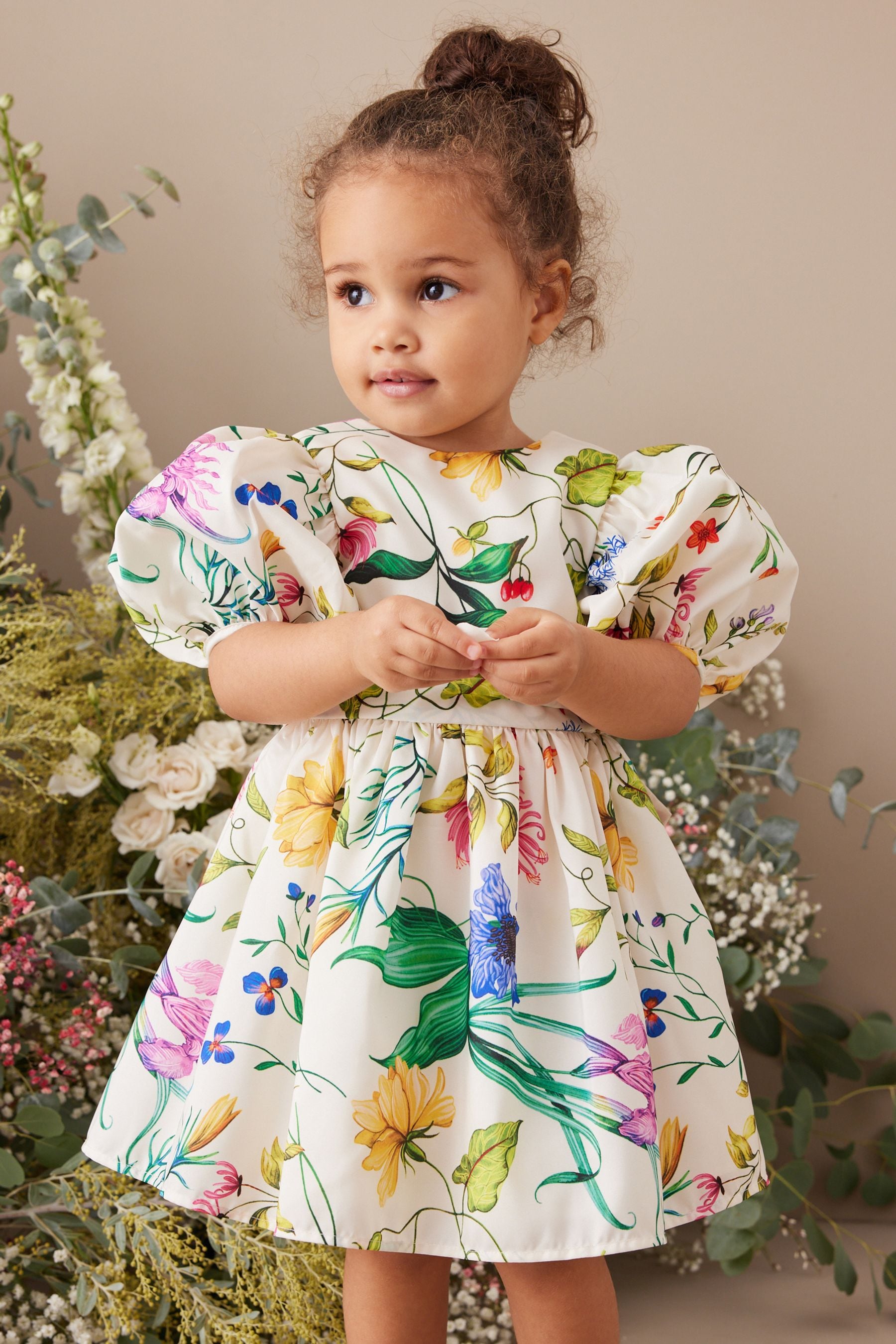 Cream Floral Printed Taffeta Party Dress (3mths-10yrs)