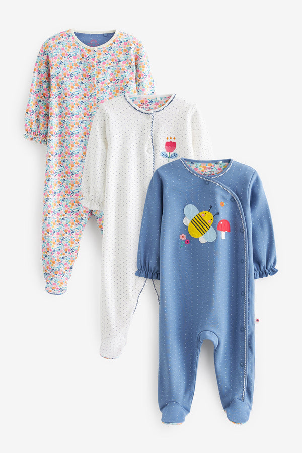 Ditsy Blue Bee Baby Sleepsuits 3 Pack (0mths-3yrs)