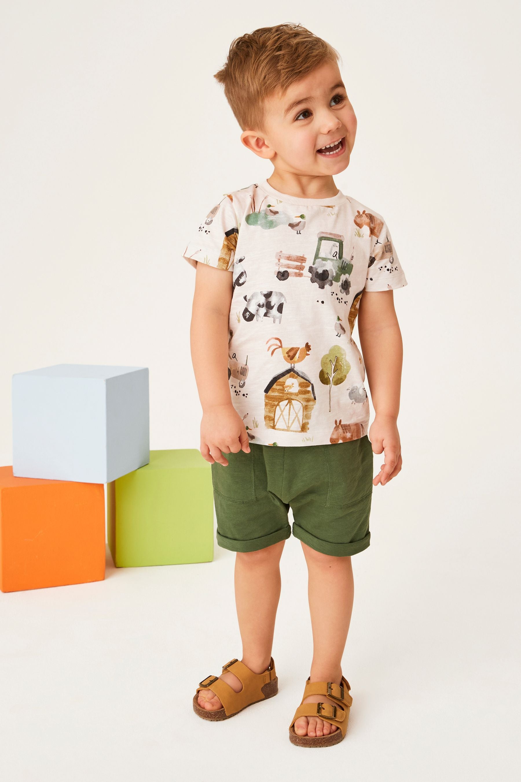 Ecru Cream/Khaki Green Farm All-Over Printed T-Shirt and Shorts Set (3mths-7yrs)