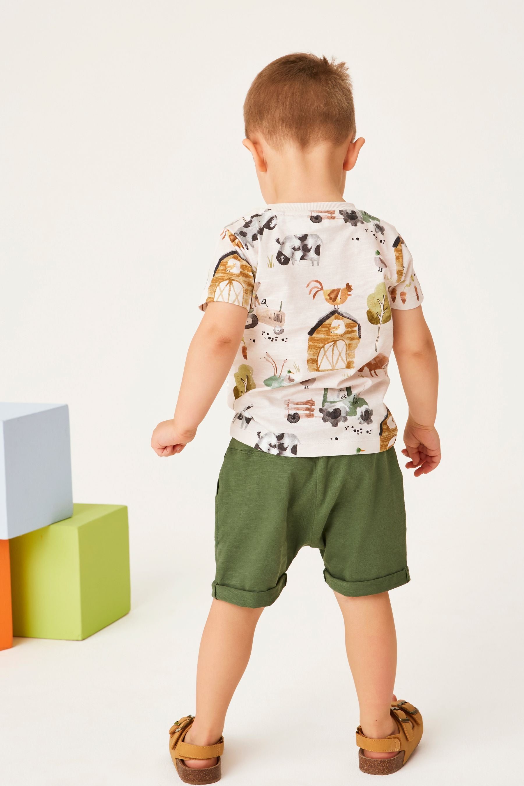 Ecru Cream/Khaki Green Farm All-Over Printed T-Shirt and Shorts Set (3mths-7yrs)