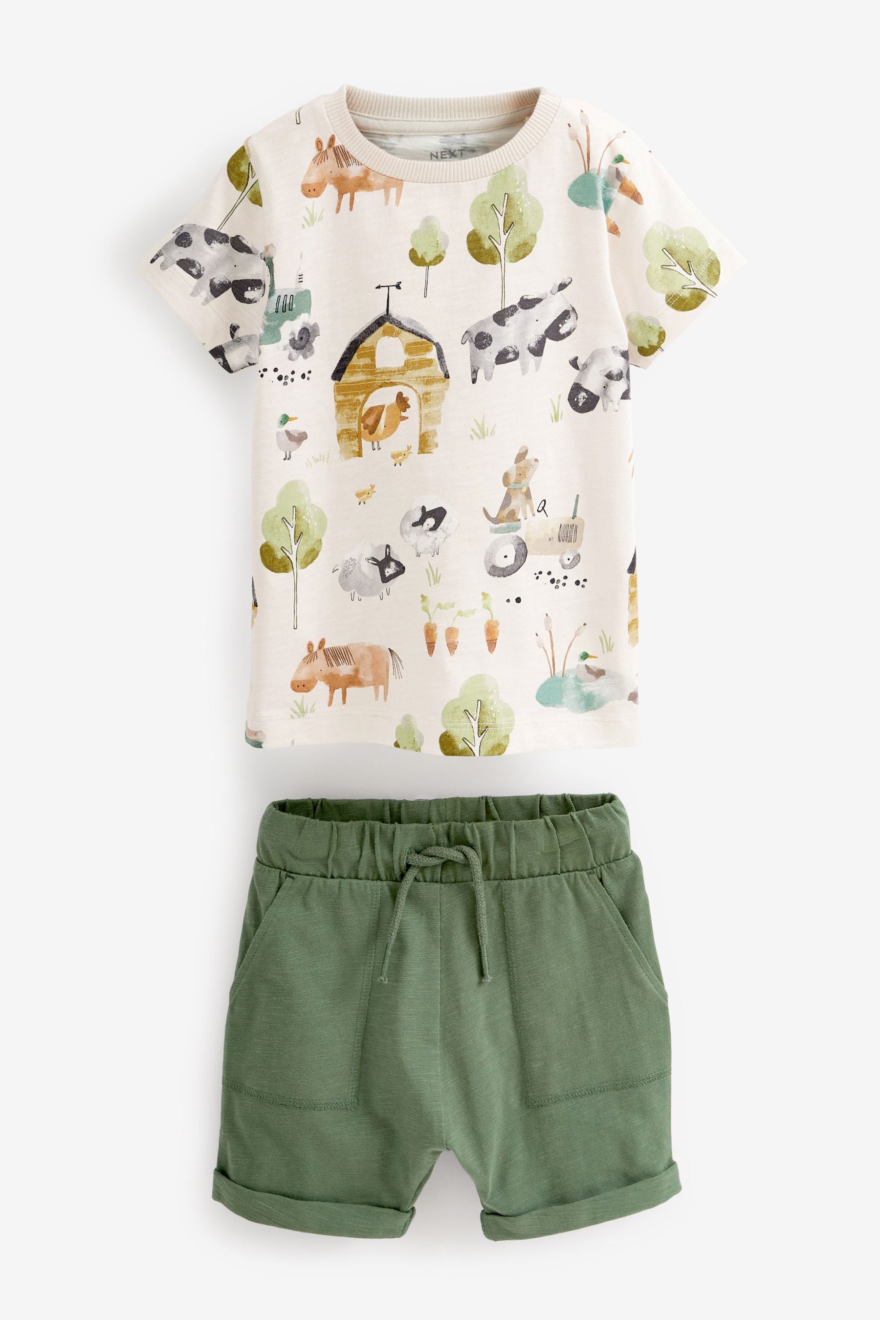 Ecru Cream/Khaki Green Farm All-Over Printed T-Shirt and Shorts Set (3mths-7yrs)