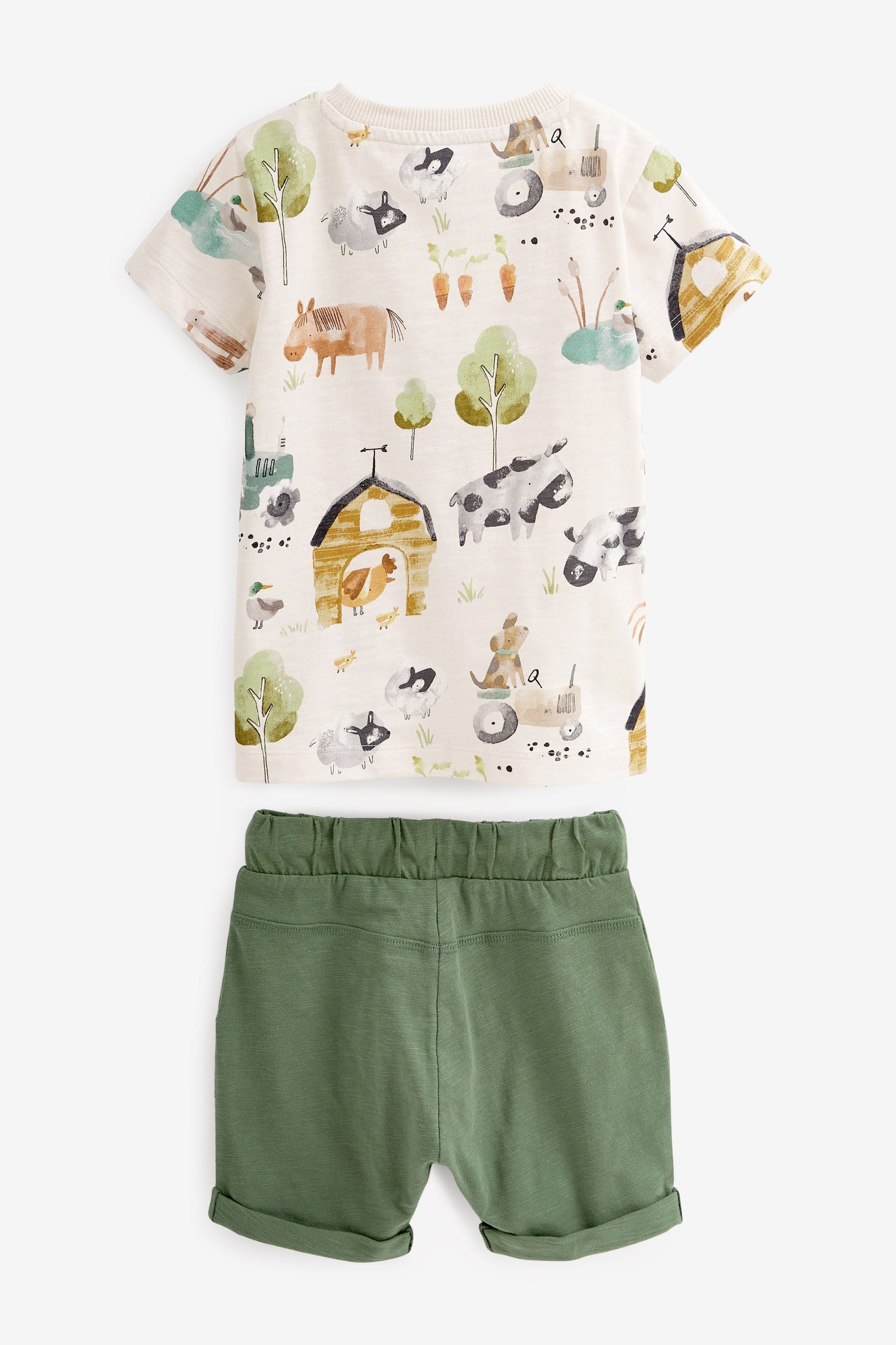 Ecru Cream/Khaki Green Farm All-Over Printed T-Shirt and Shorts Set (3mths-7yrs)