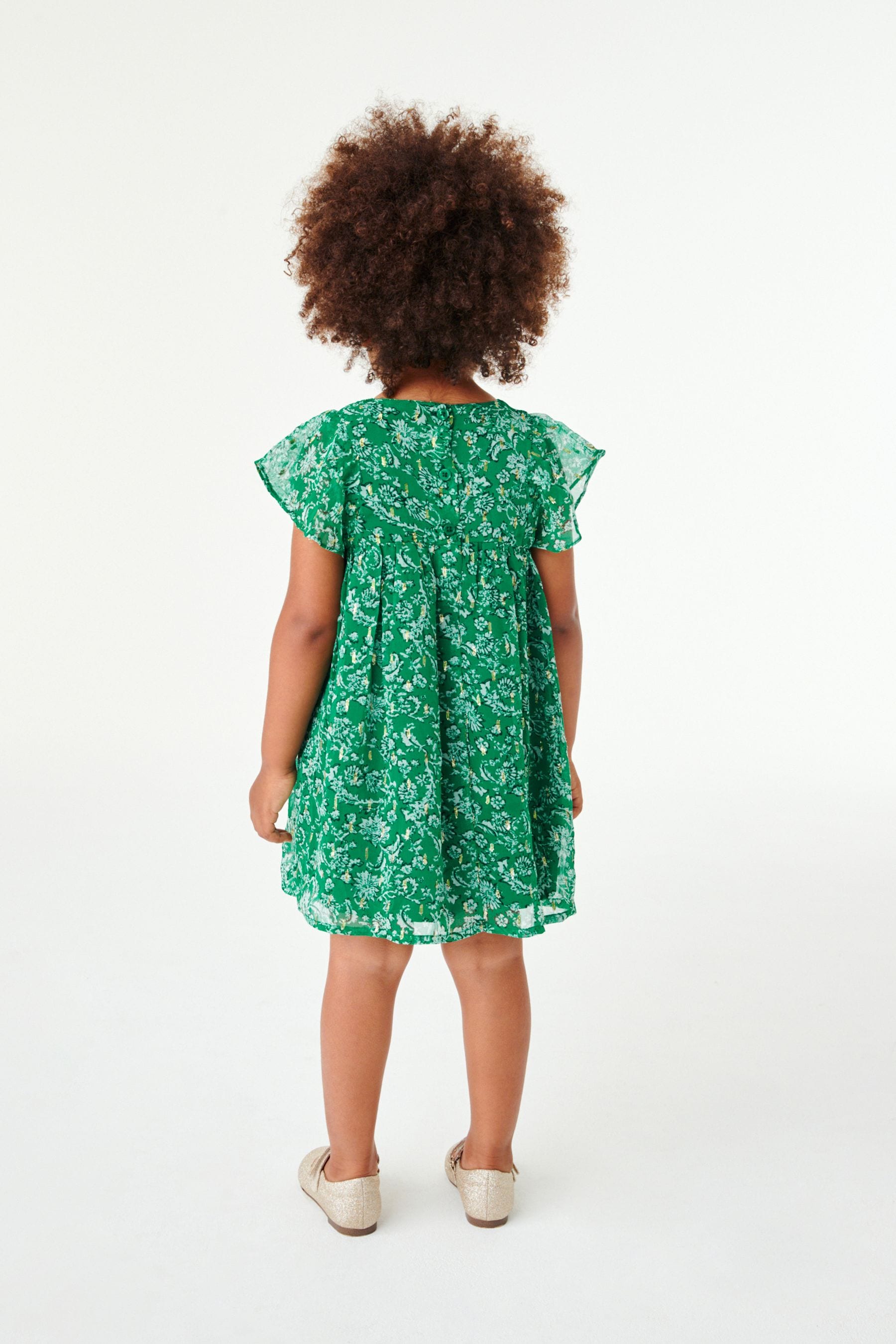 Green Sparkle Floral Print Short Sleeve Dress (3mths-7yrs)