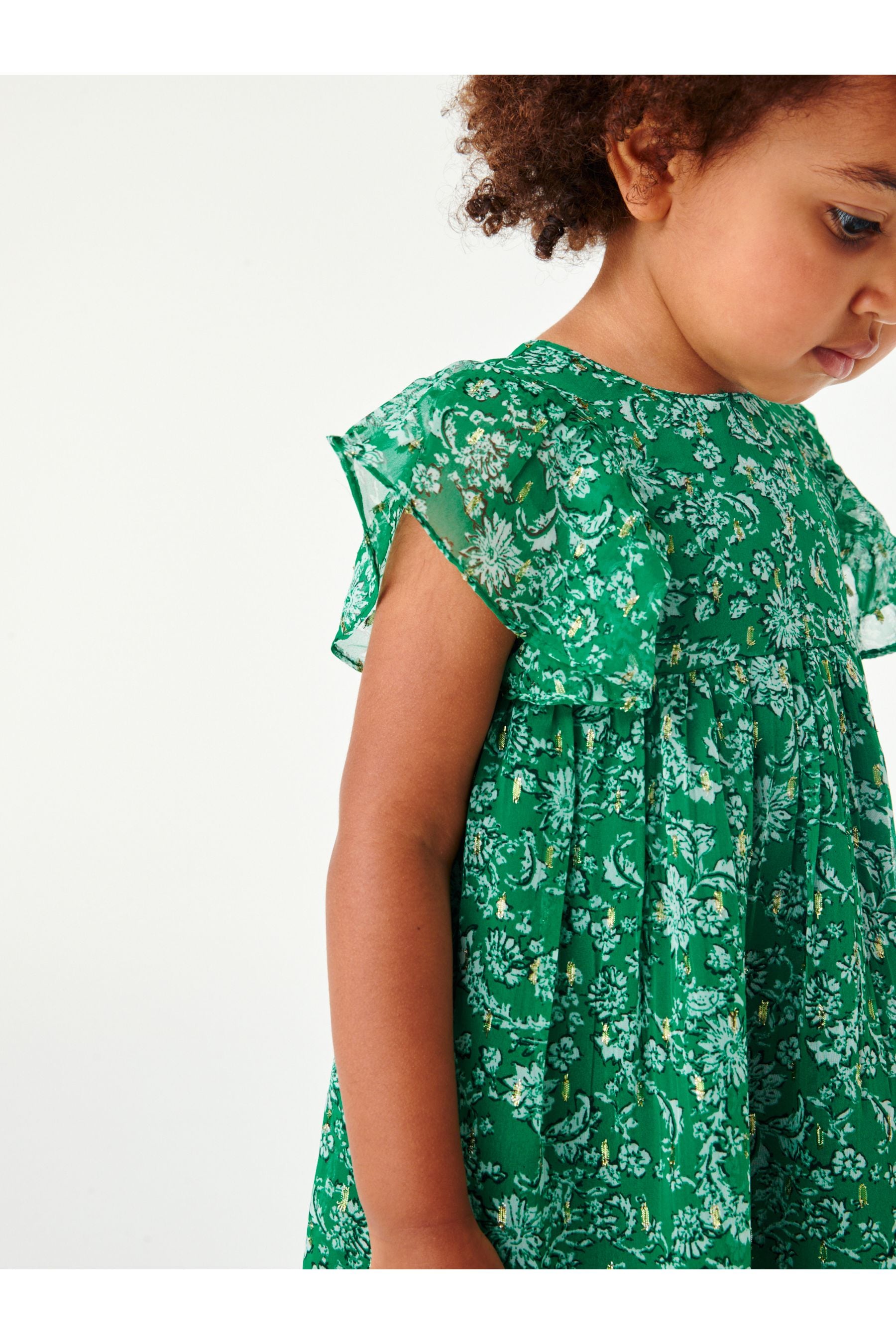 Green Sparkle Floral Print Short Sleeve Dress (3mths-7yrs)