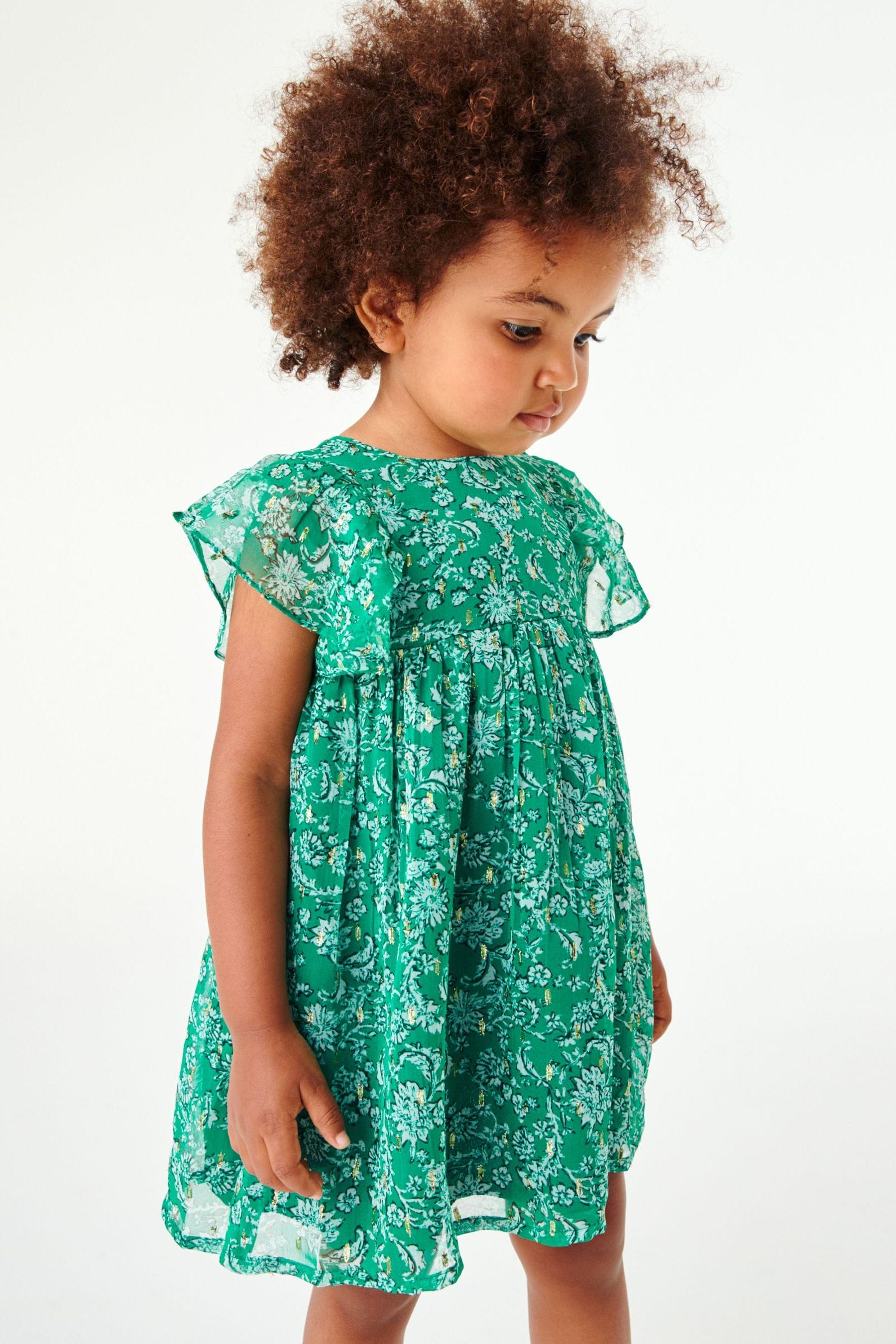 Green Sparkle Floral Print Short Sleeve Dress (3mths-7yrs)