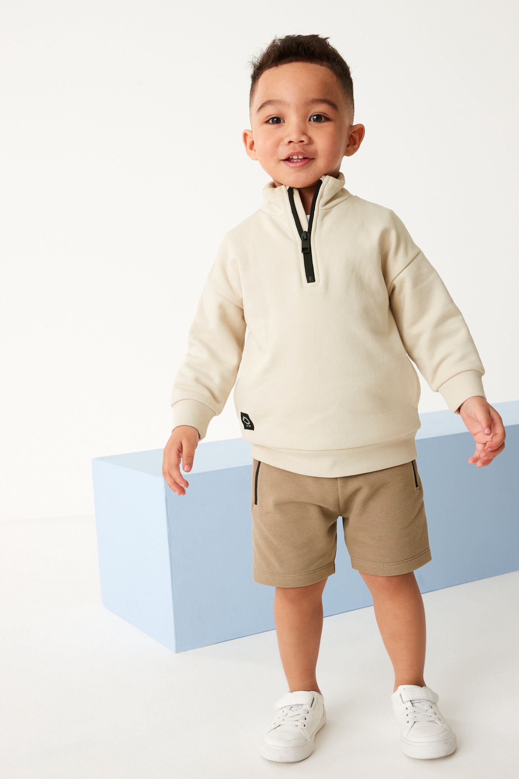 Stone Natural/Brown Funnel Neck Sweatshirt And Shorts Set (3mths-7yrs)