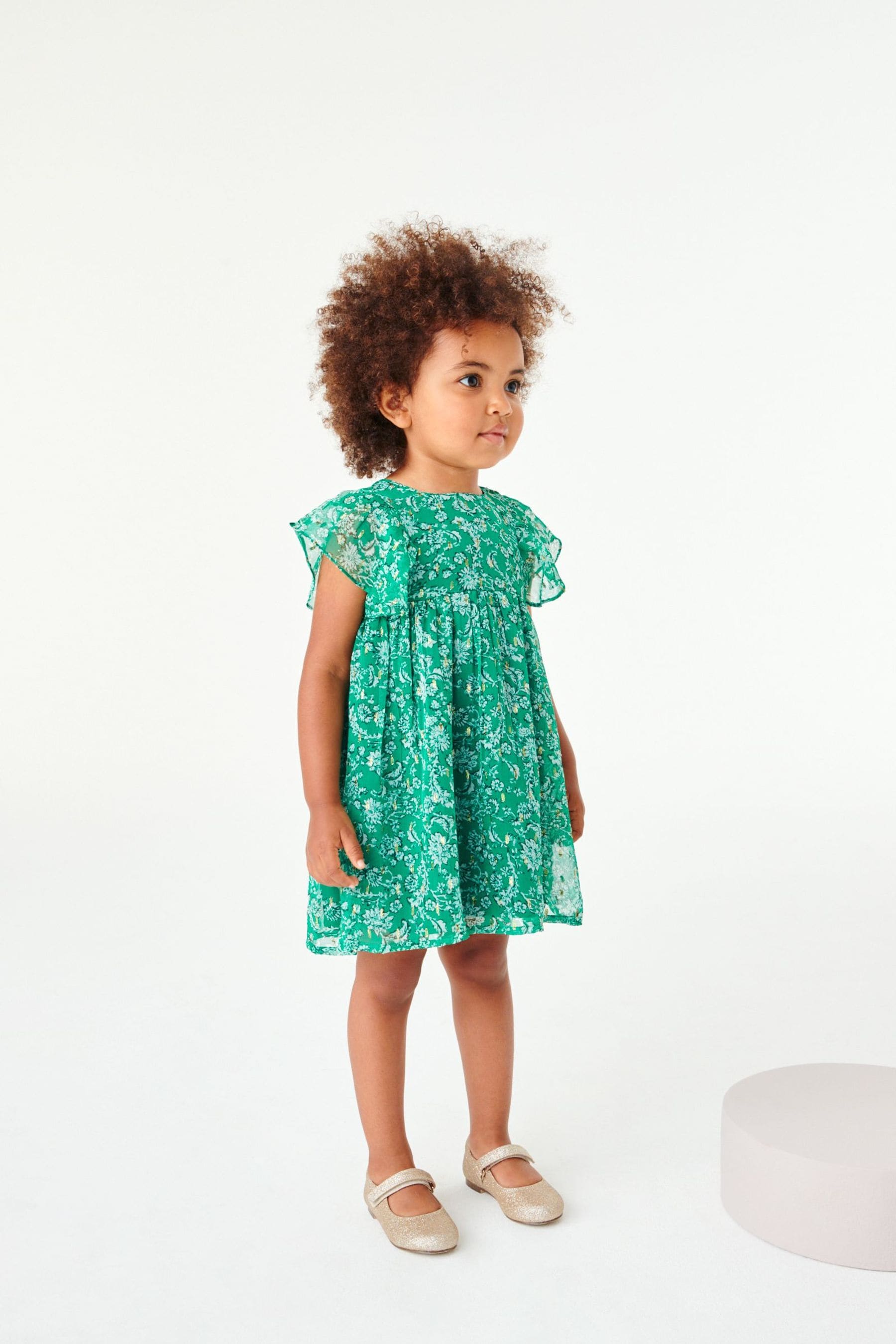 Green Sparkle Floral Print Short Sleeve Dress (3mths-7yrs)