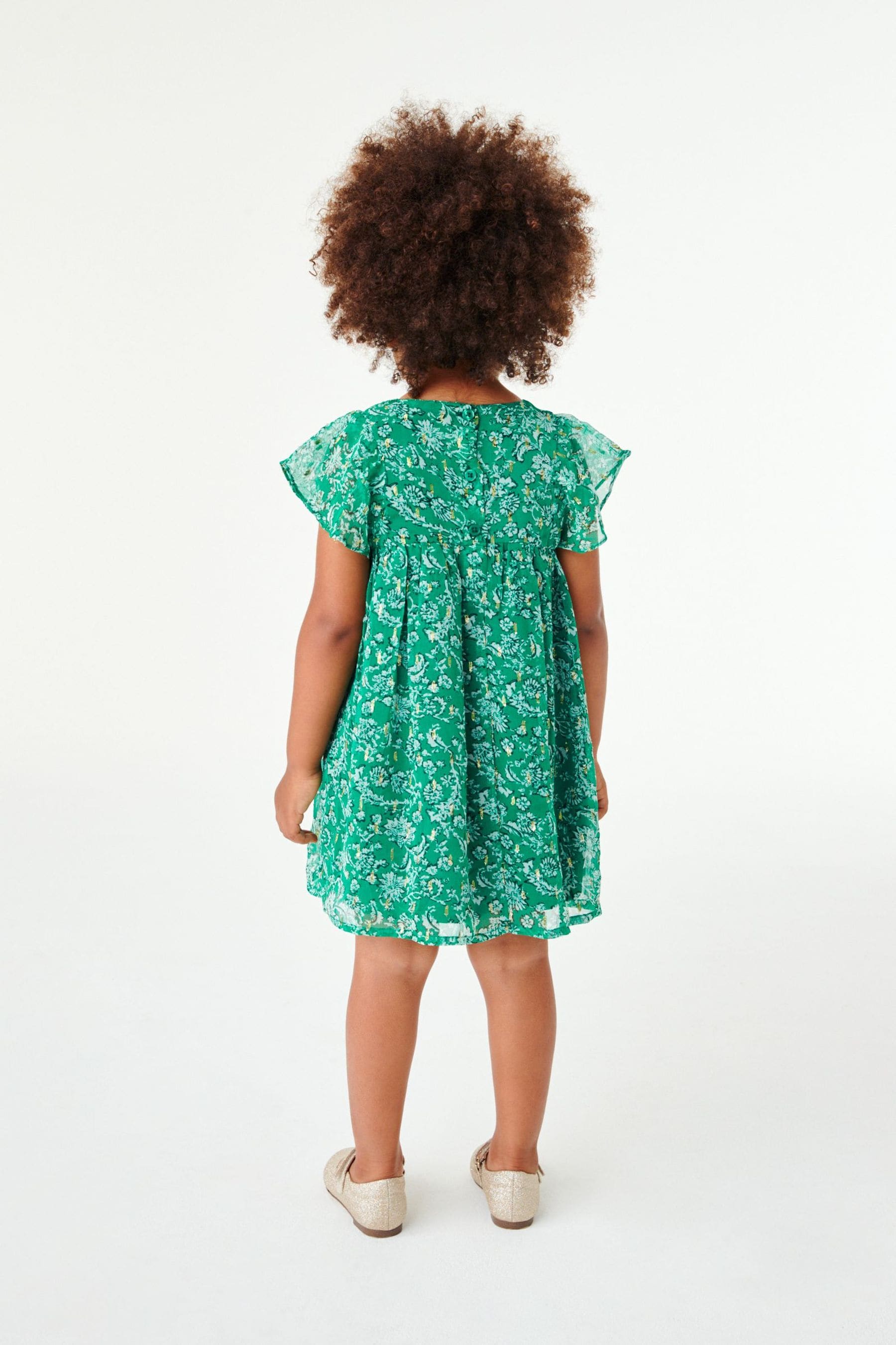 Green Sparkle Floral Print Short Sleeve Dress (3mths-7yrs)