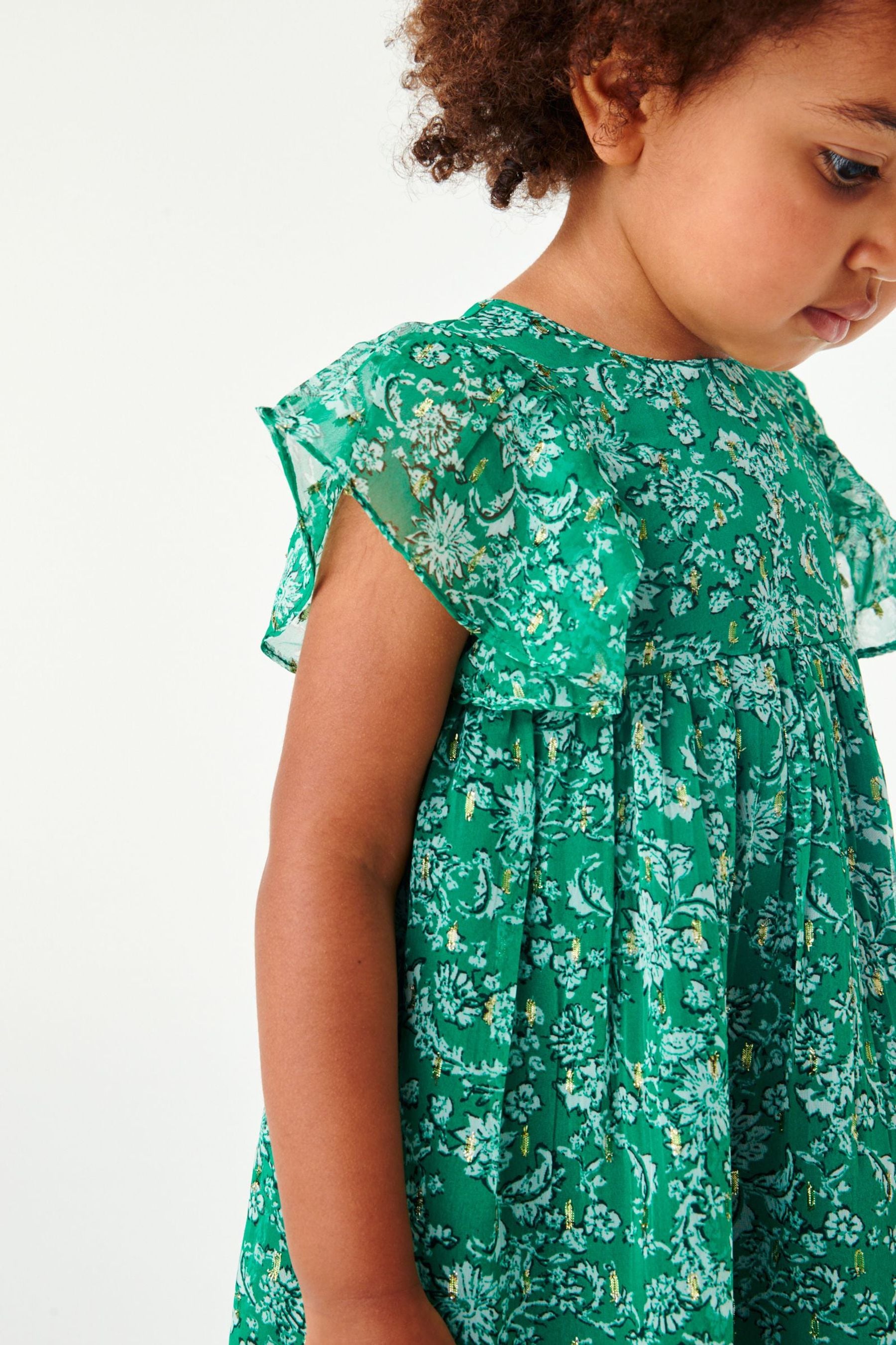 Green Sparkle Floral Print Short Sleeve Dress (3mths-7yrs)