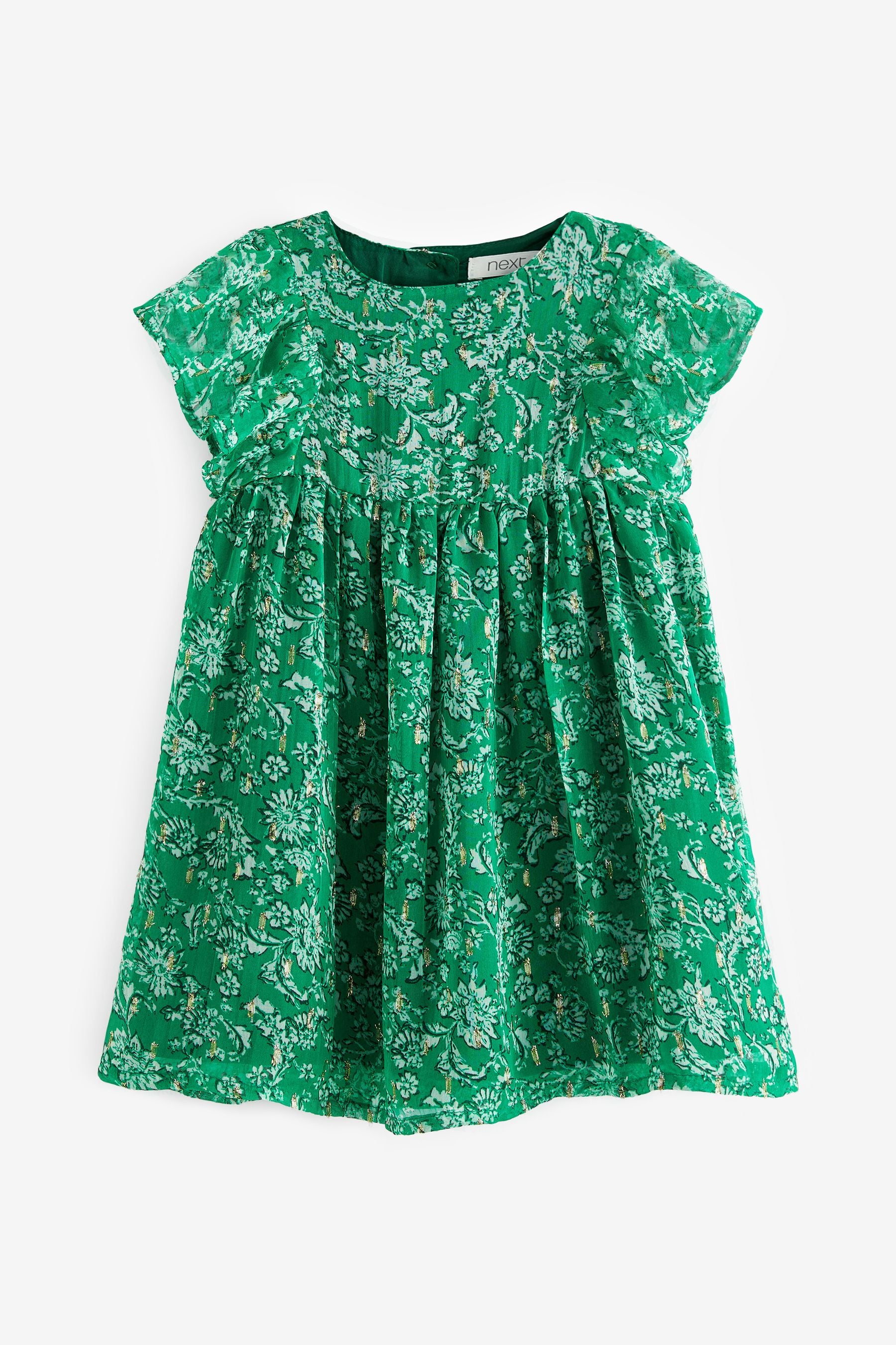 Green Sparkle Floral Print Short Sleeve Dress (3mths-7yrs)