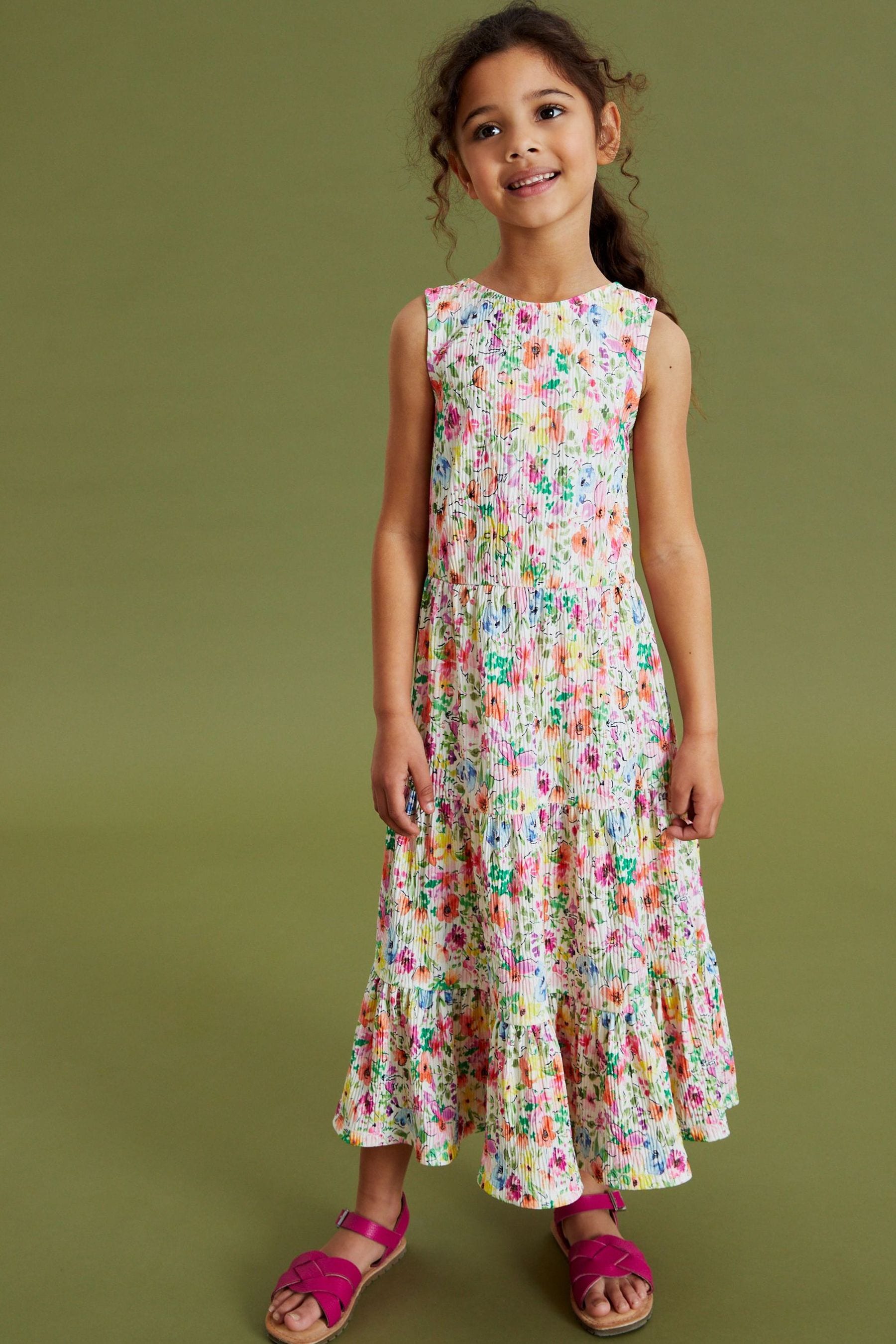 White/Pink/Green Summer Floral Back Detail Jersey Tiered Midi Dress (3-16yrs)