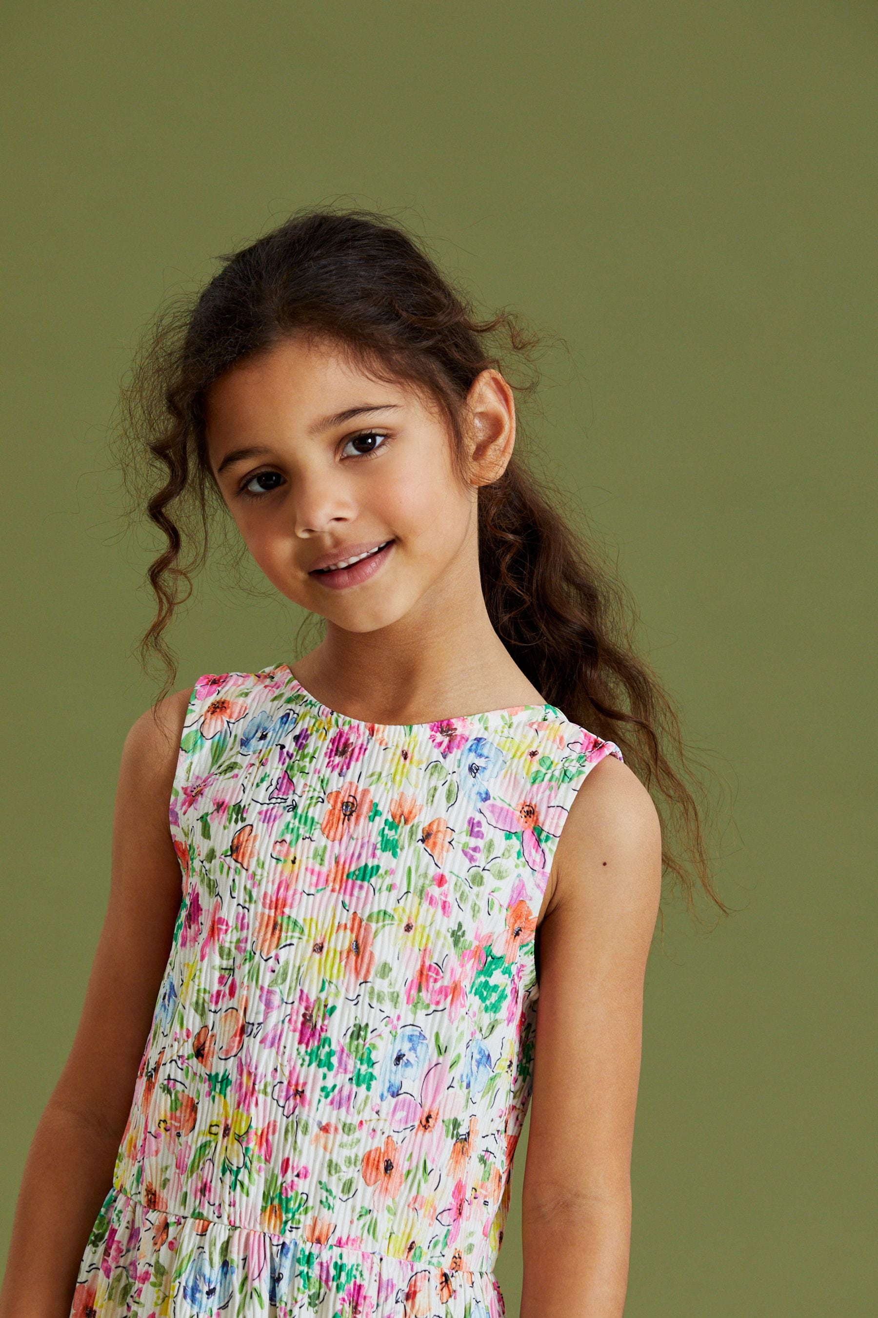 White/Pink/Green Summer Floral Back Detail Jersey Tiered Midi Dress (3-16yrs)