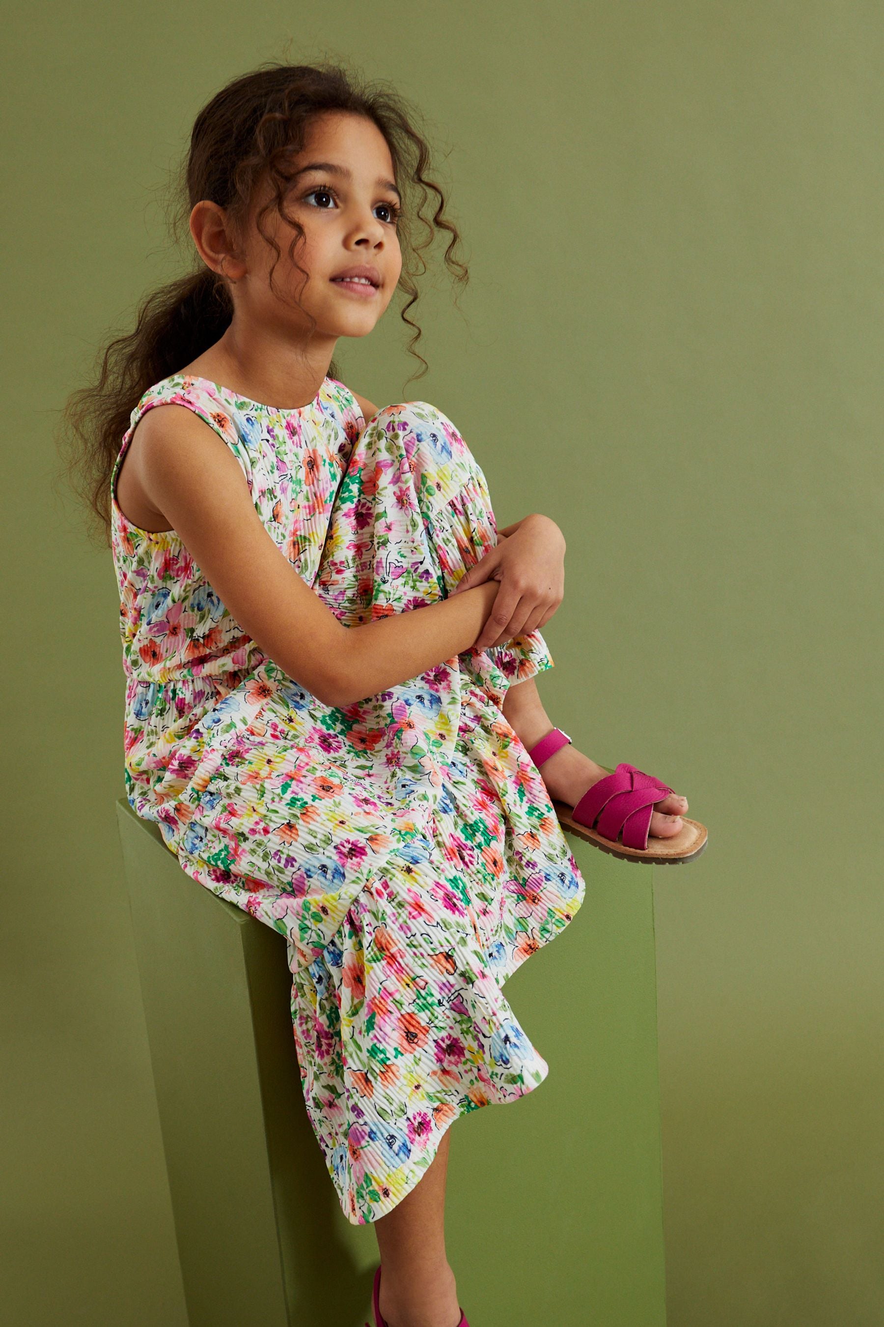 White/Pink/Green Summer Floral Back Detail Jersey Tiered Midi Dress (3-16yrs)