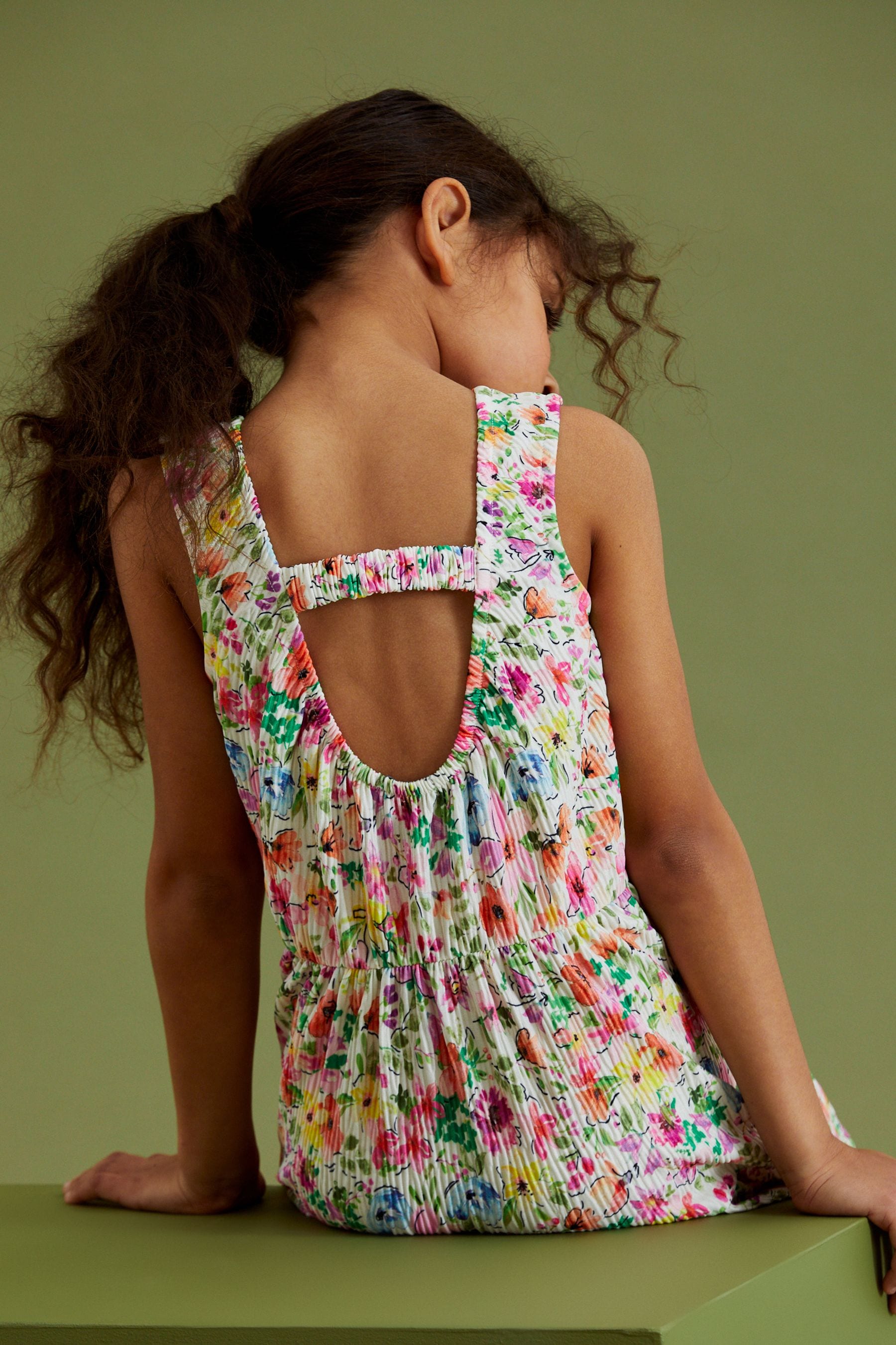 White/Pink/Green Summer Floral Back Detail Jersey Tiered Midi Dress (3-16yrs)