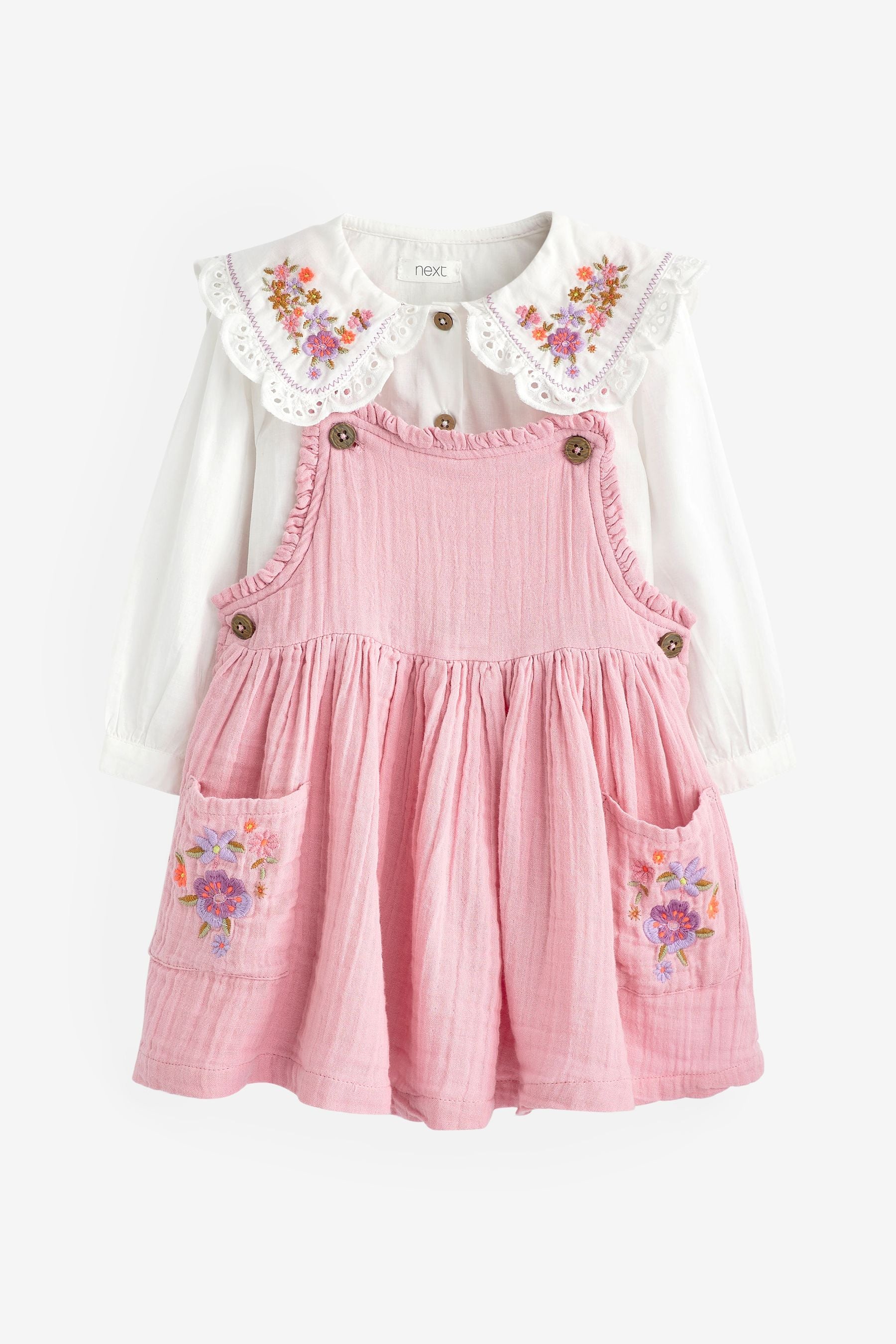 Pink Embroidered Pinafore And Blouse Set (3mths-8yrs)