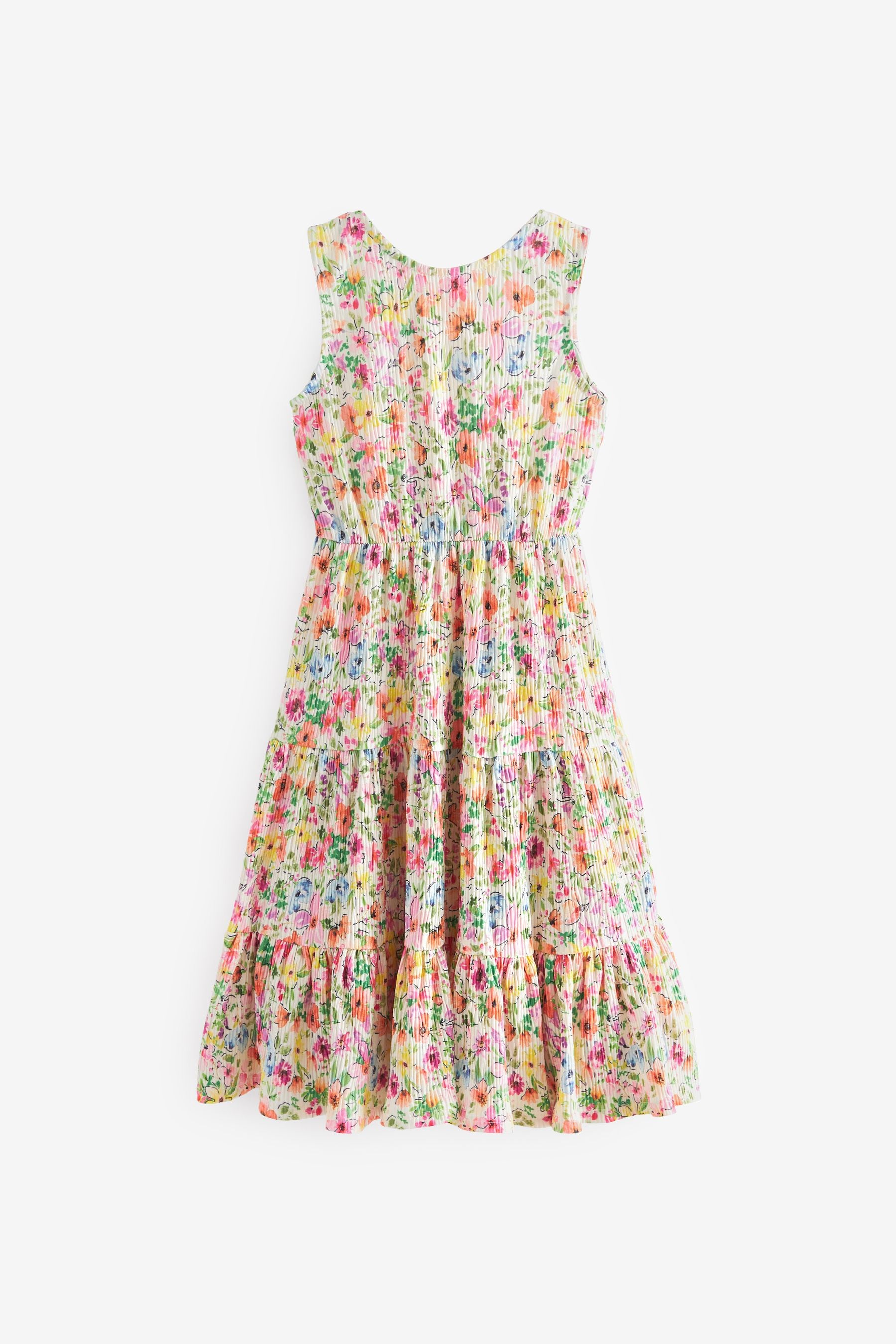 White/Pink/Green Summer Floral Back Detail Jersey Tiered Midi Dress (3-16yrs)