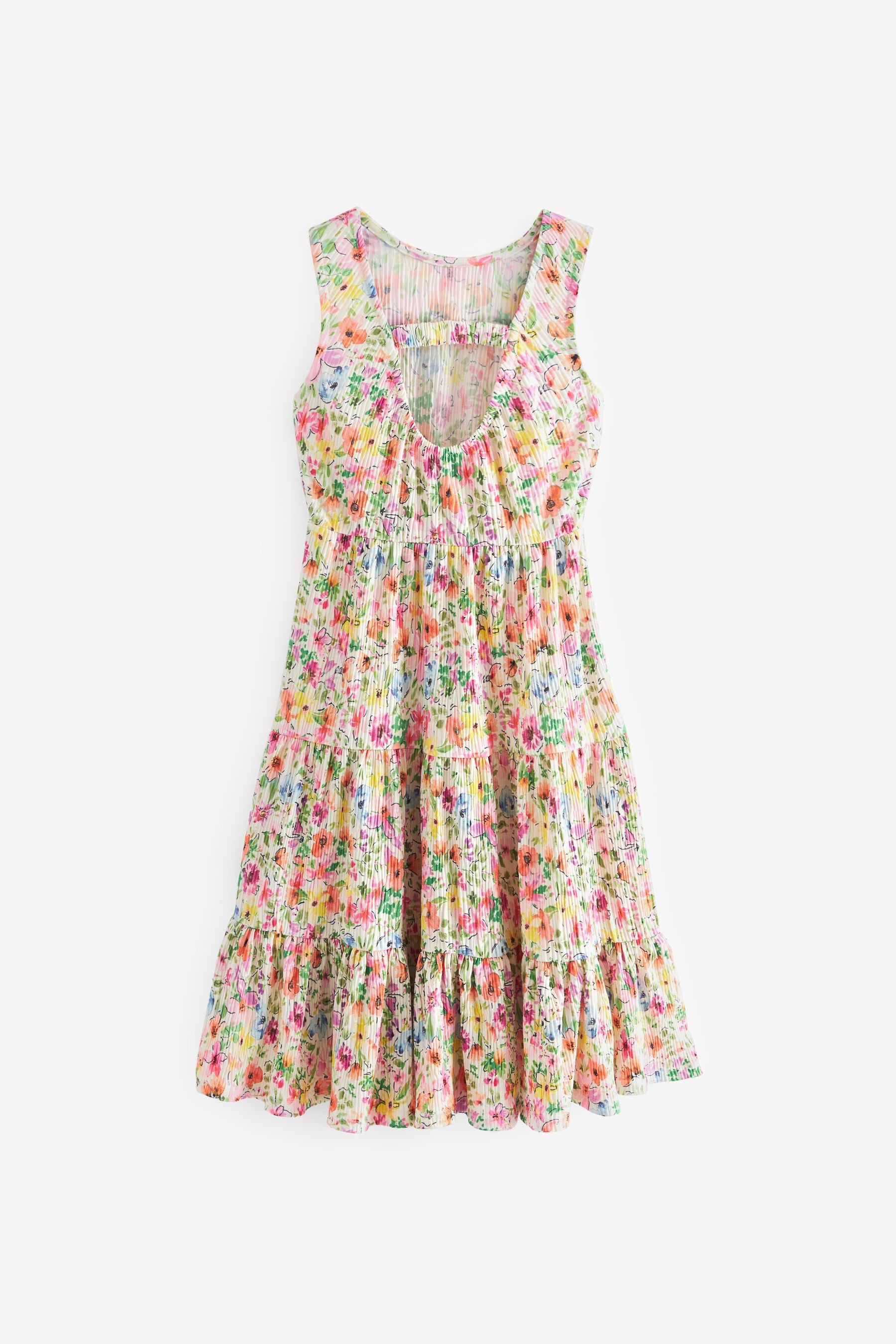 White/Pink/Green Summer Floral Back Detail Jersey Tiered Midi Dress (3-16yrs)