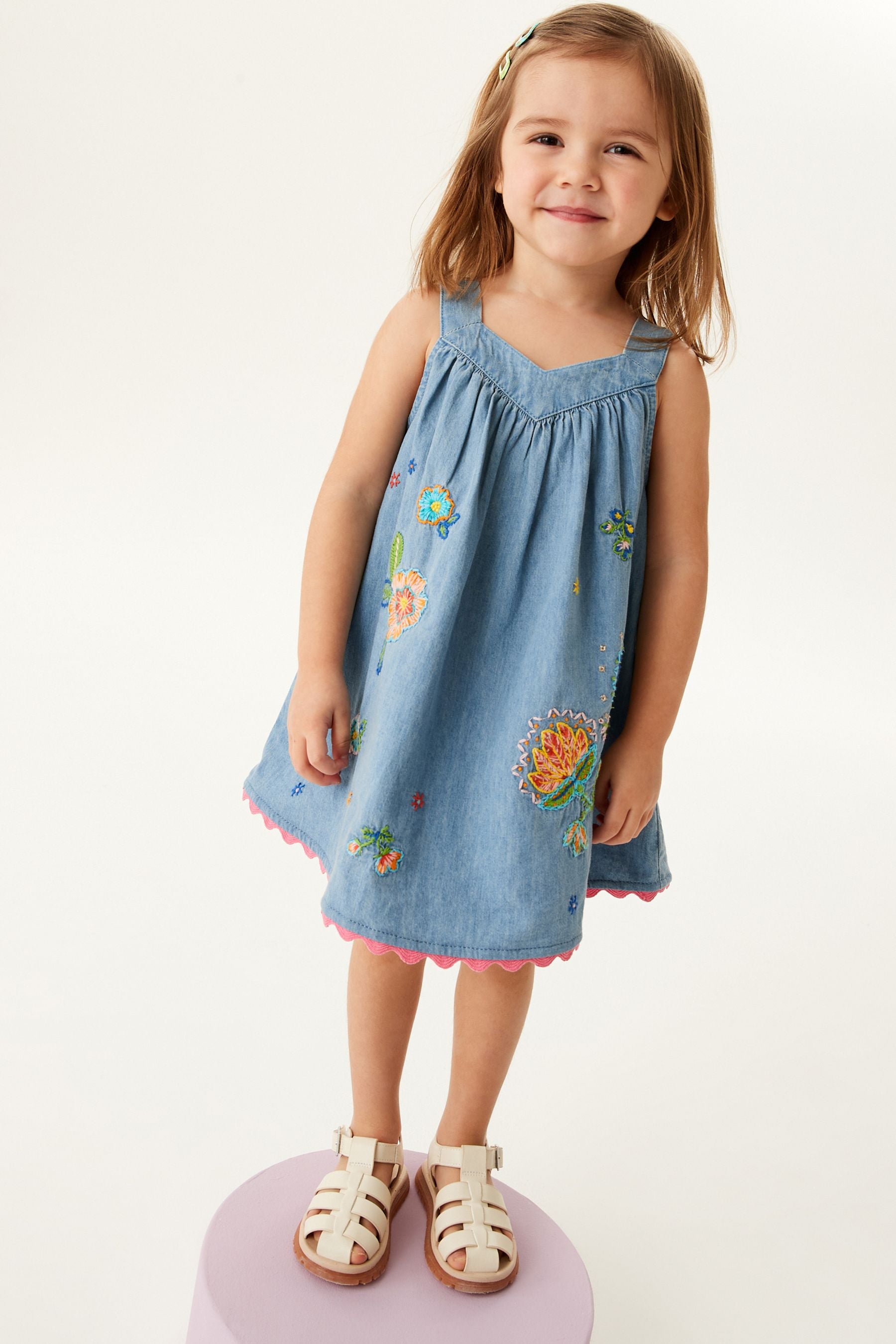 Blue Denim Embroidered Cotton Sundress (3mths-8yrs)