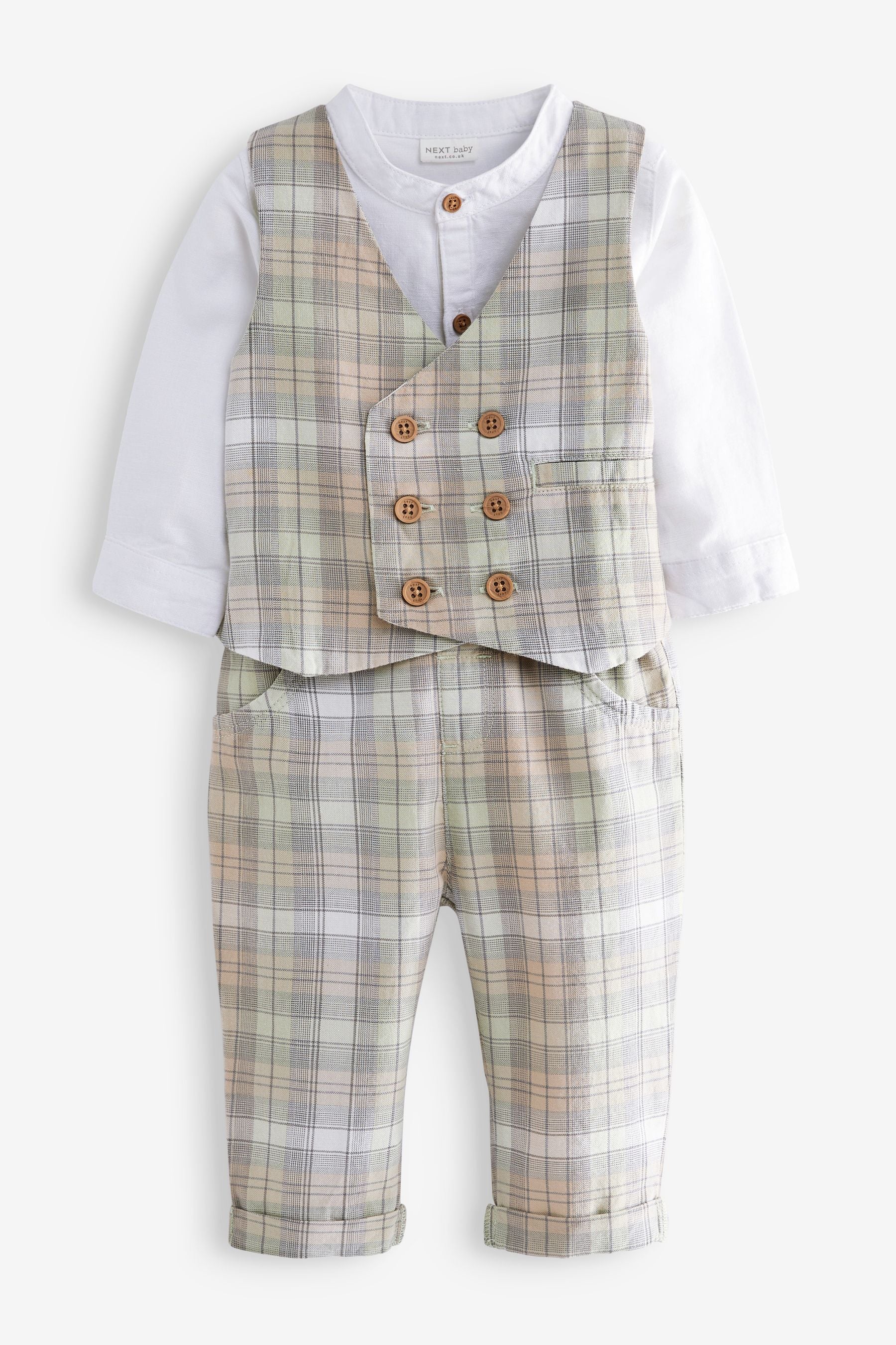 Green check Smart 3pc baby Trousers Shirt and Waistcoat Set (0mths-2yrs)