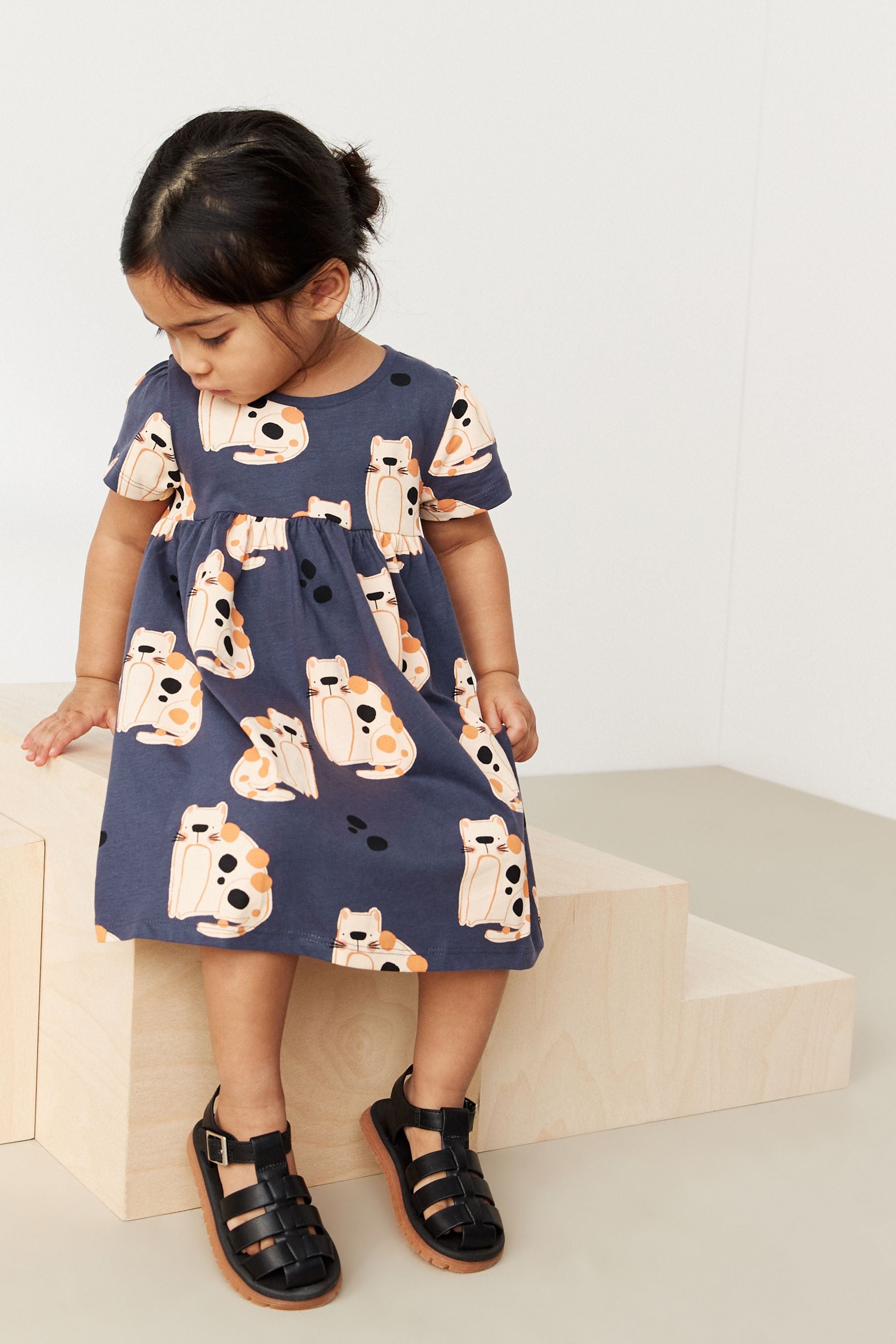 Monochrome Cat Short Sleeve Cotton Jersey Dress (3mths-7yrs)