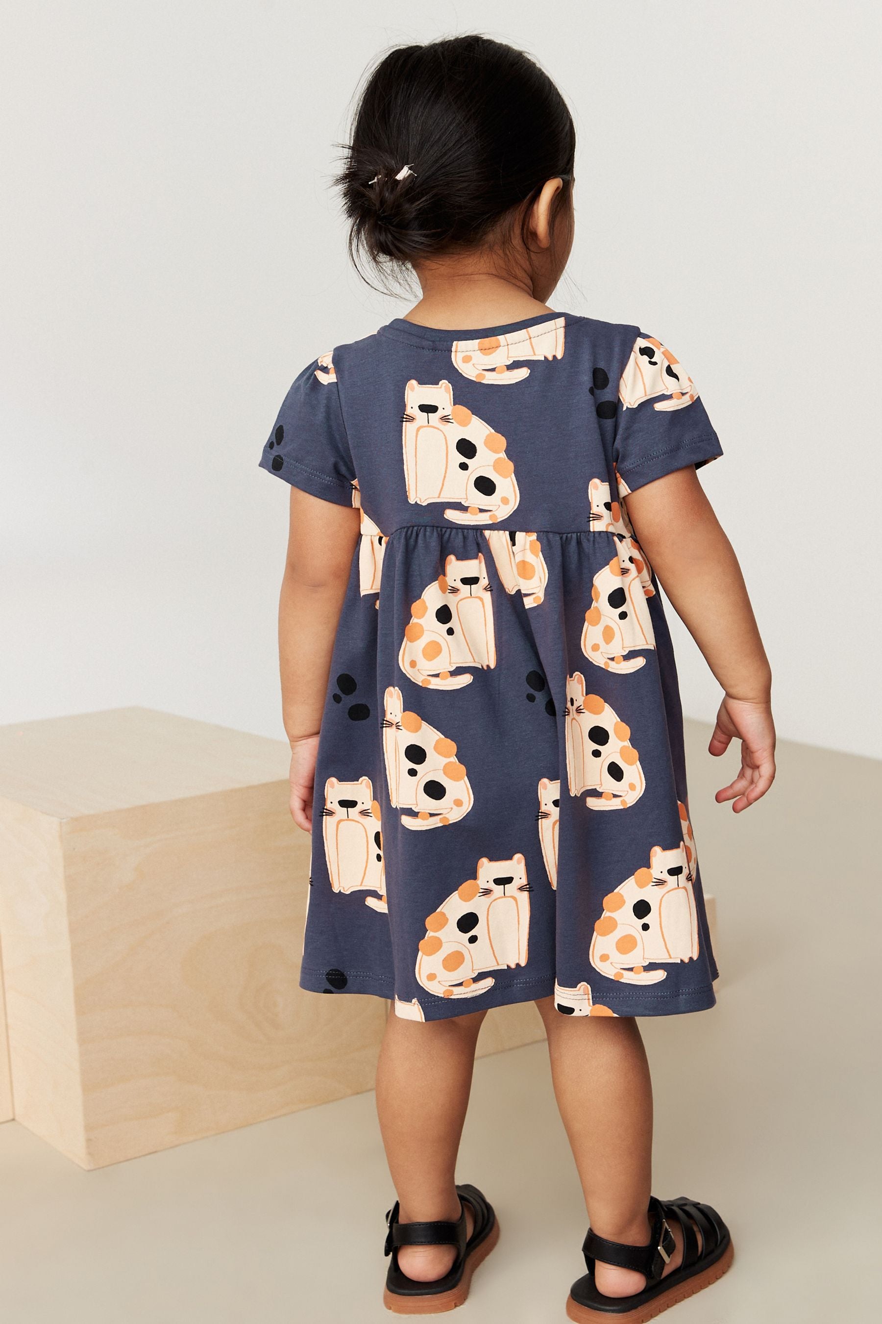 Monochrome Cat Short Sleeve Cotton Jersey Dress (3mths-7yrs)