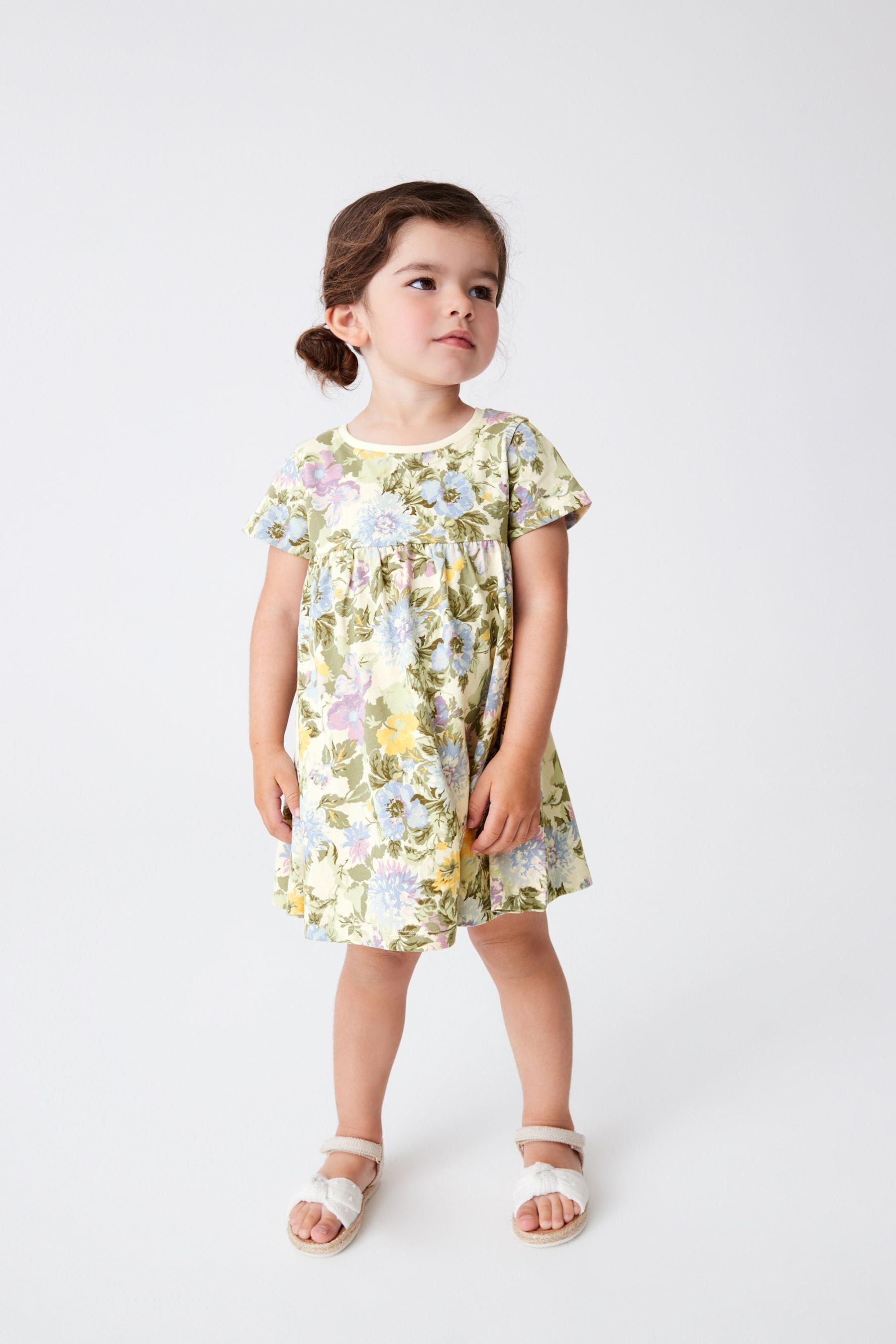 Green Floral Short Sleeve Cotton Jersey Dress (3mths-7yrs)