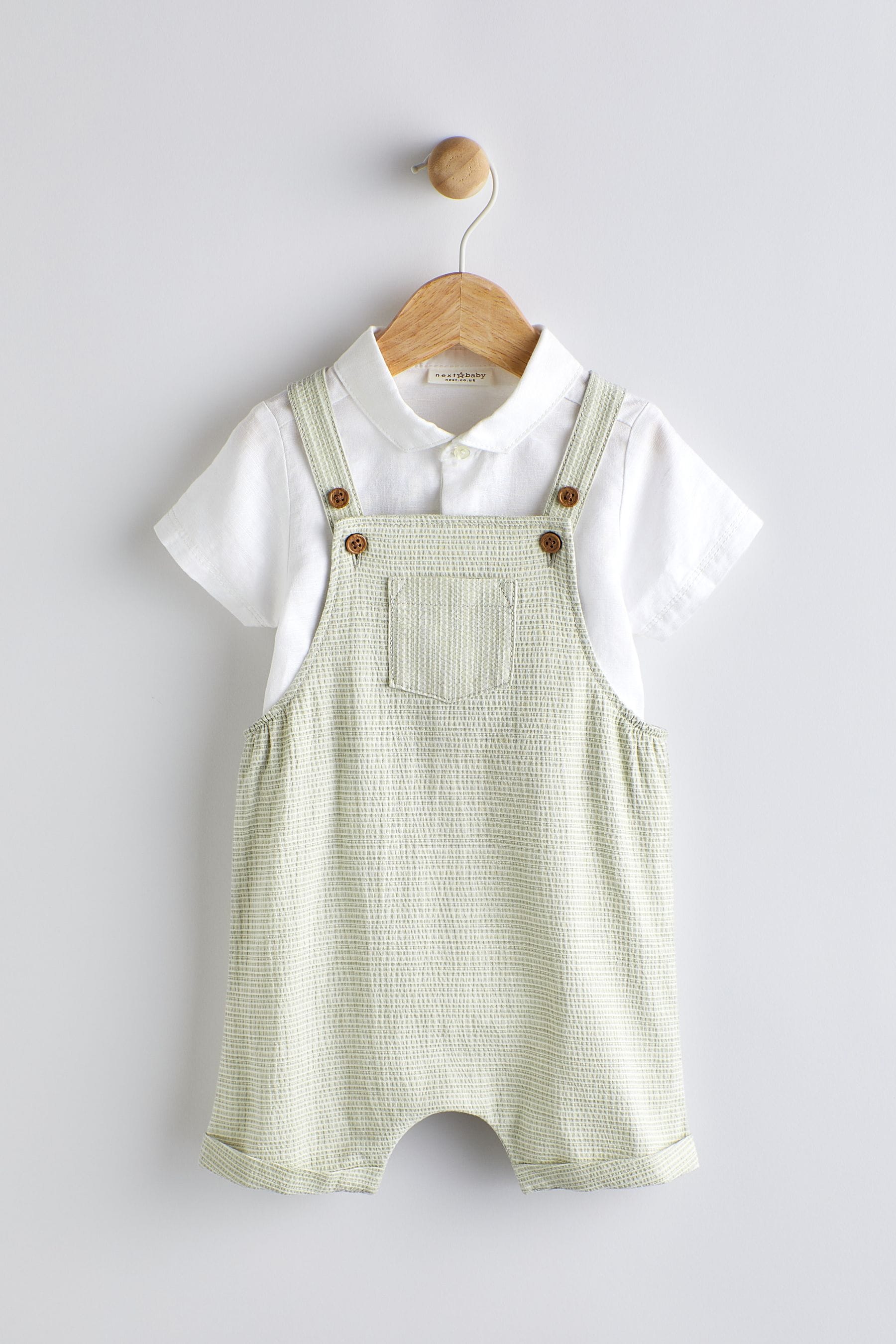 Sage Green Stripe Dungarees And Bodysuit Shirt Set